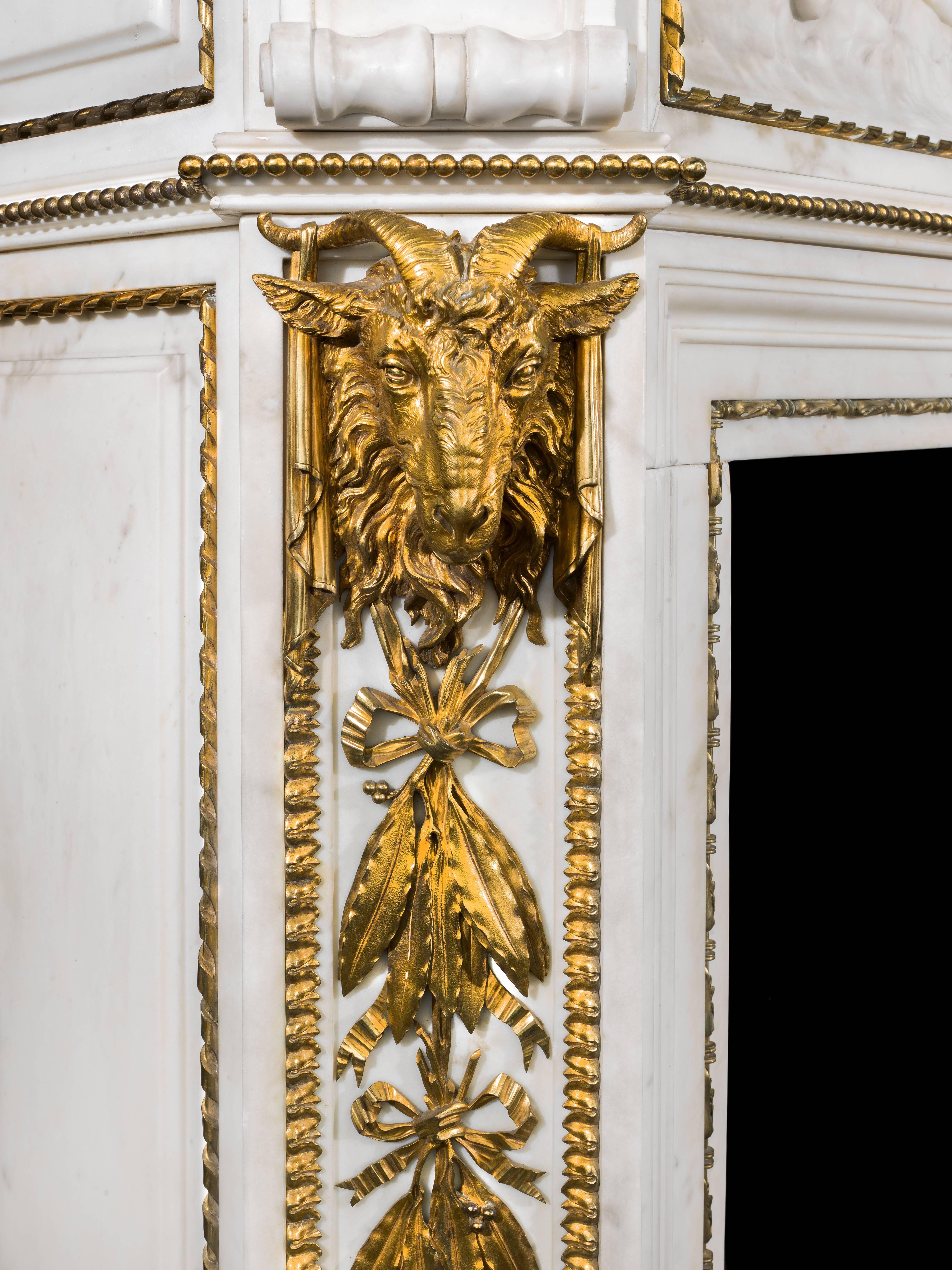 Carved 19th Century Statuary Marble and Gilded Ormolu Chimneypiece