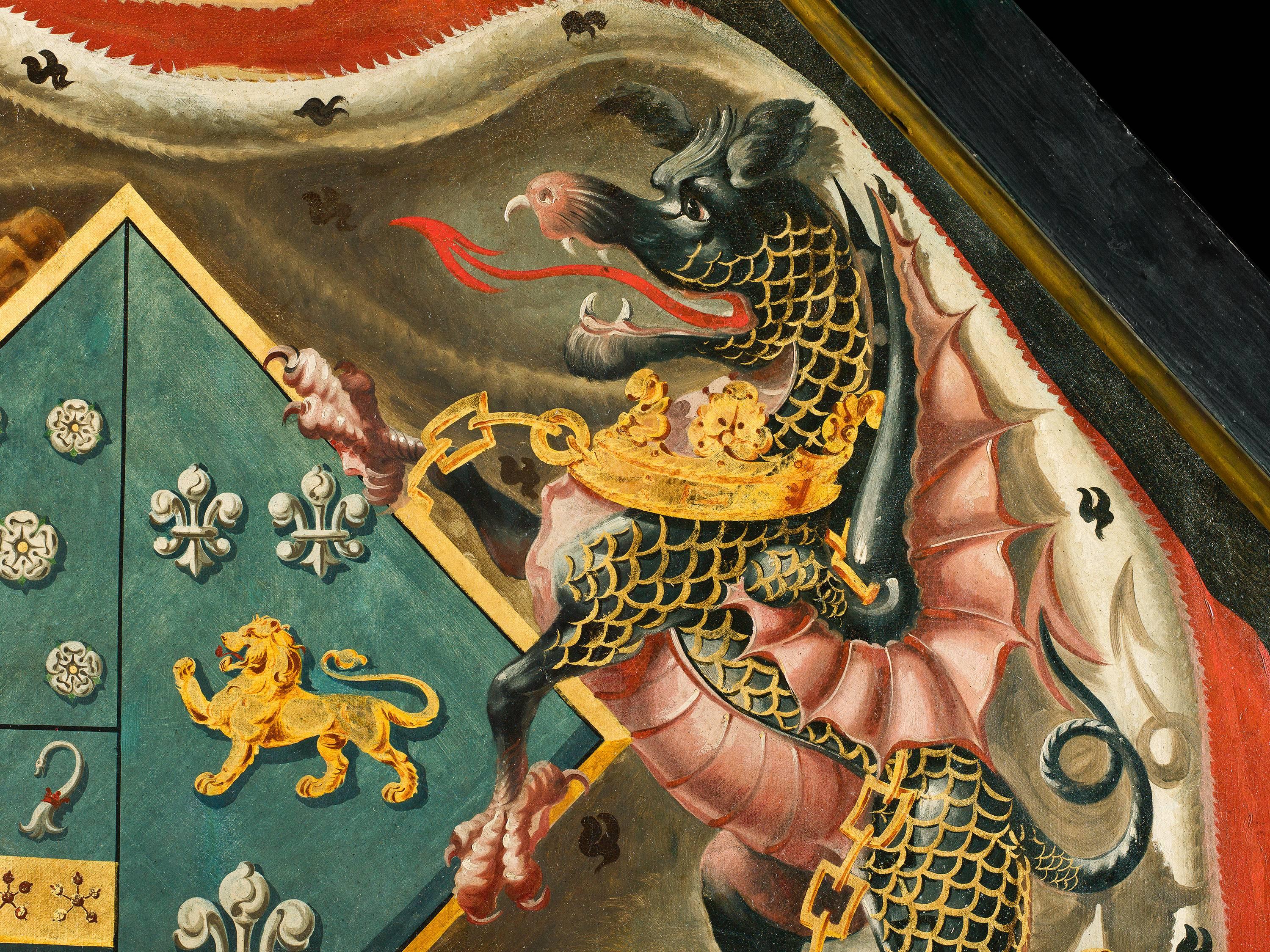 A large colorful 18th century armorial hatchment panel, oil on canvas from the 18th century. Of diamond form, showing a crown under which is draped an ermine-edged robe flanked by a lion and a black dragon, English, late 18th century.

Provenance: