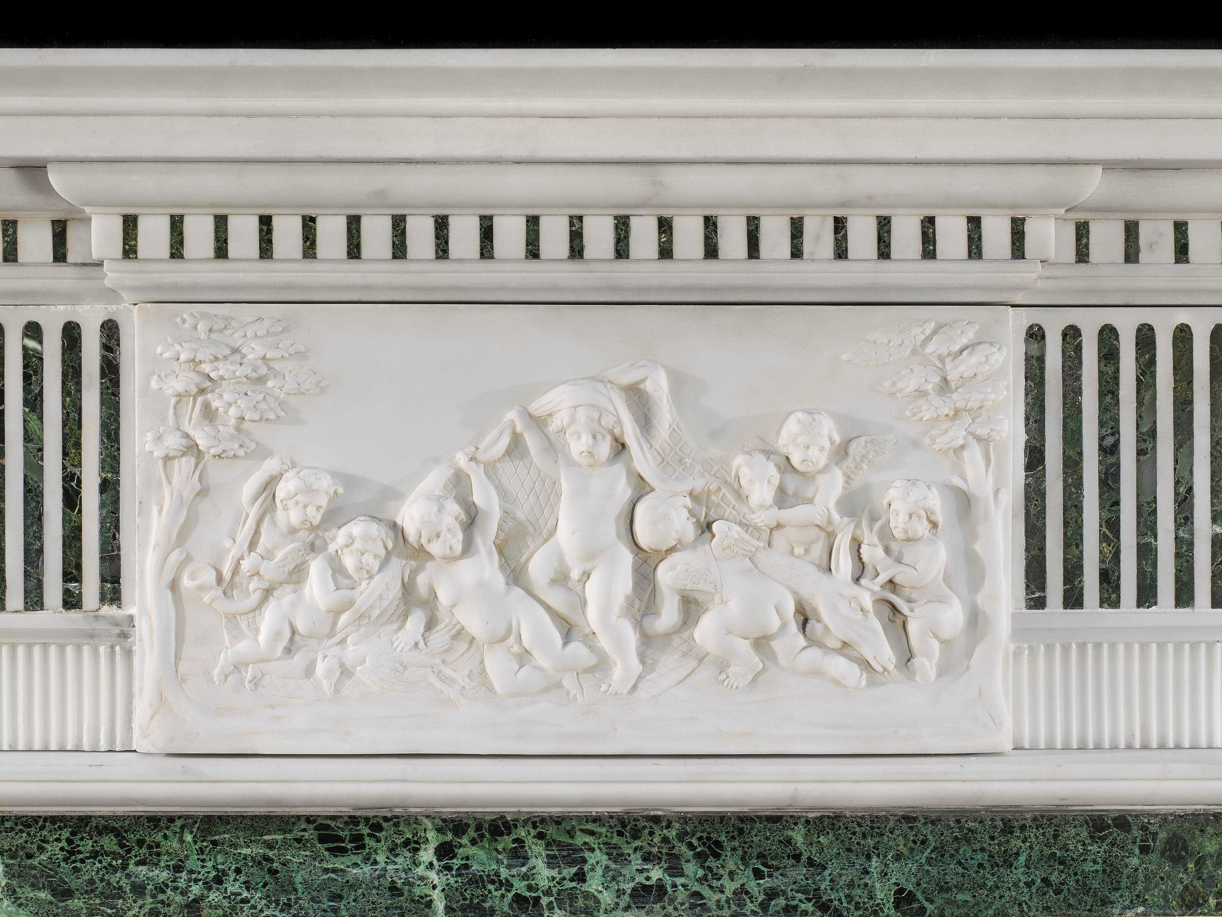 Georgian  Early 20th Century Statuary and Inlaid Verde Antico Marble Fireplace Mantel