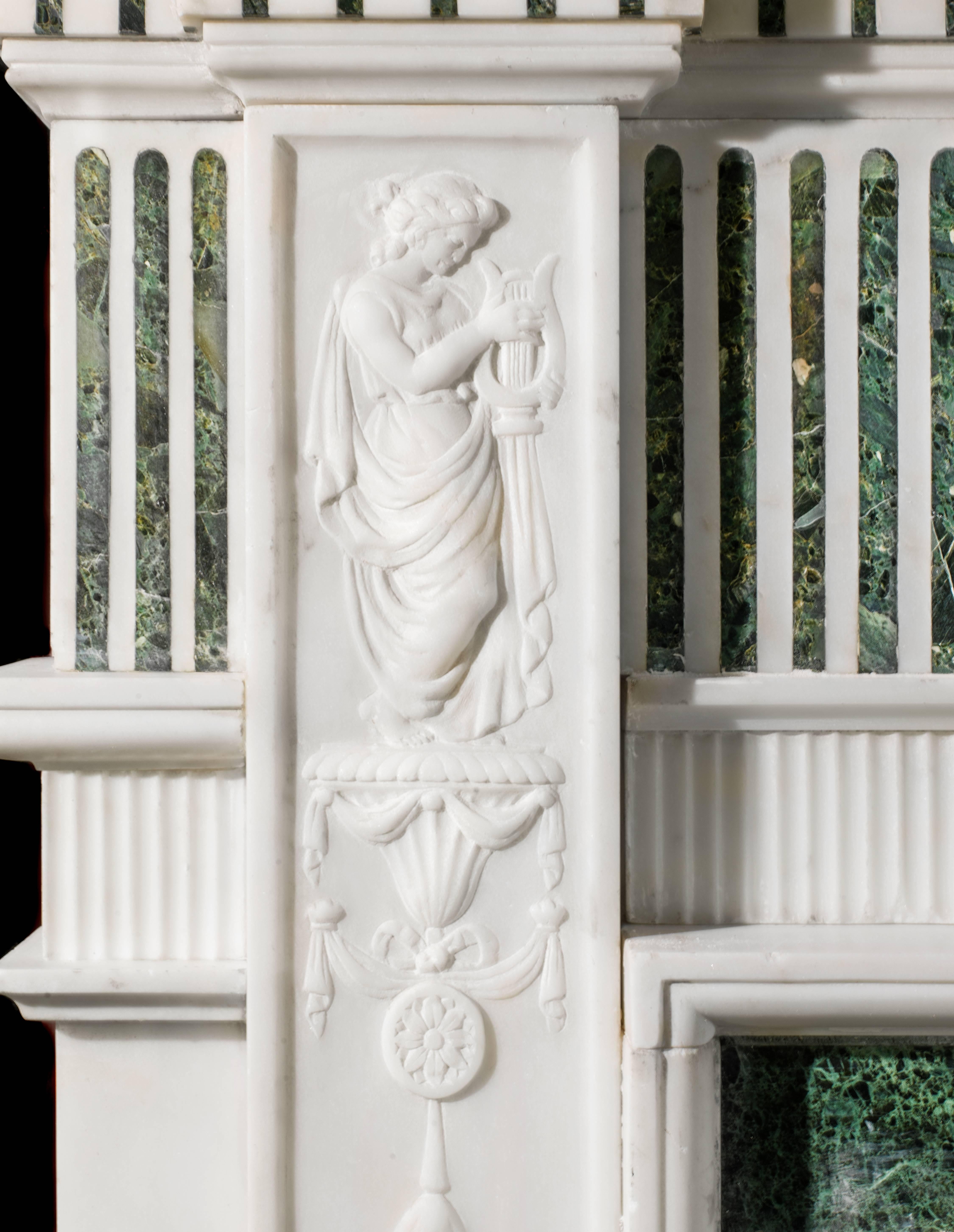 Carved  Early 20th Century Statuary and Inlaid Verde Antico Marble Fireplace Mantel