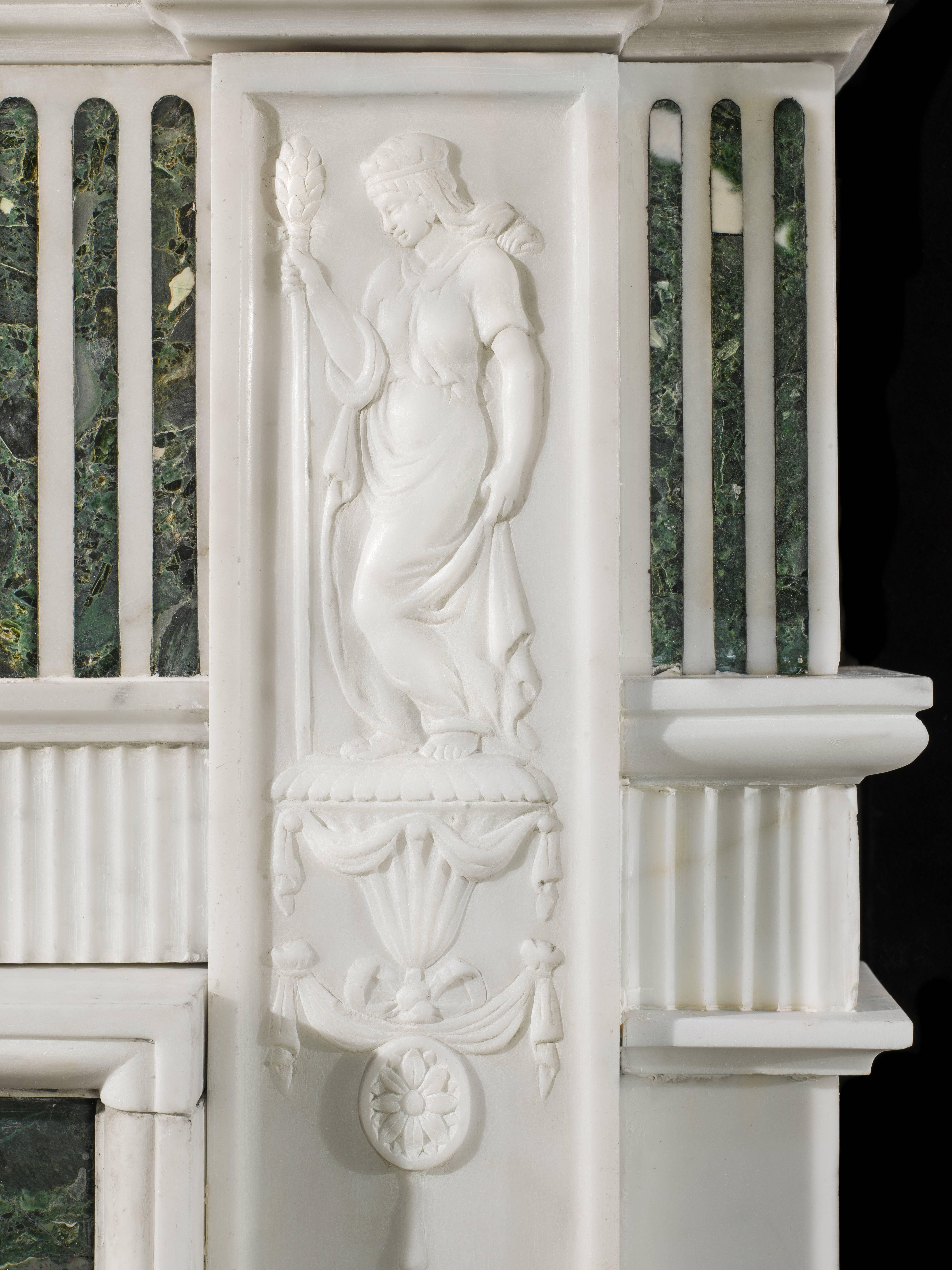  Early 20th Century Statuary and Inlaid Verde Antico Marble Fireplace Mantel In Good Condition In London, GB