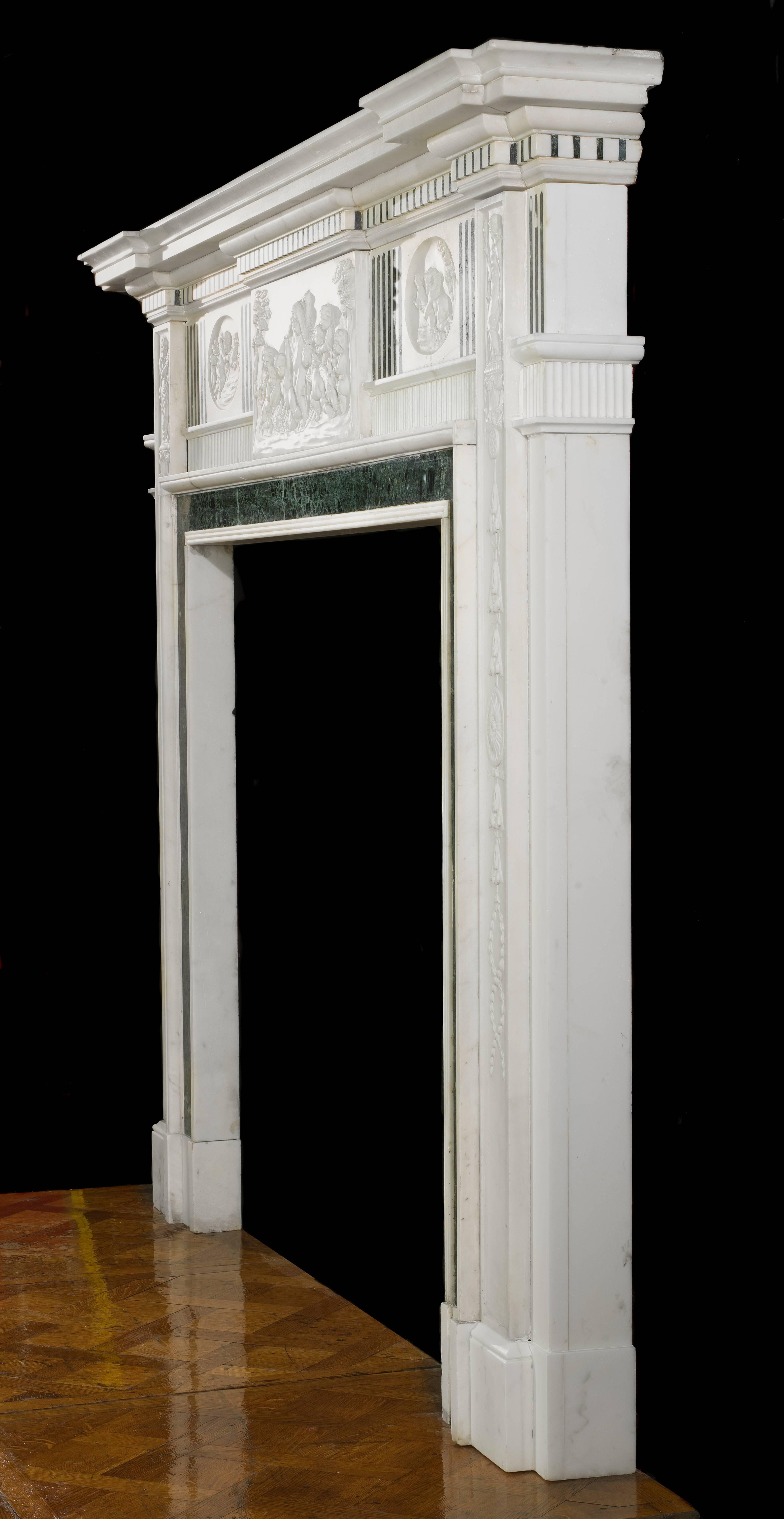 Statuary Marble  Early 20th Century Statuary and Inlaid Verde Antico Marble Fireplace Mantel