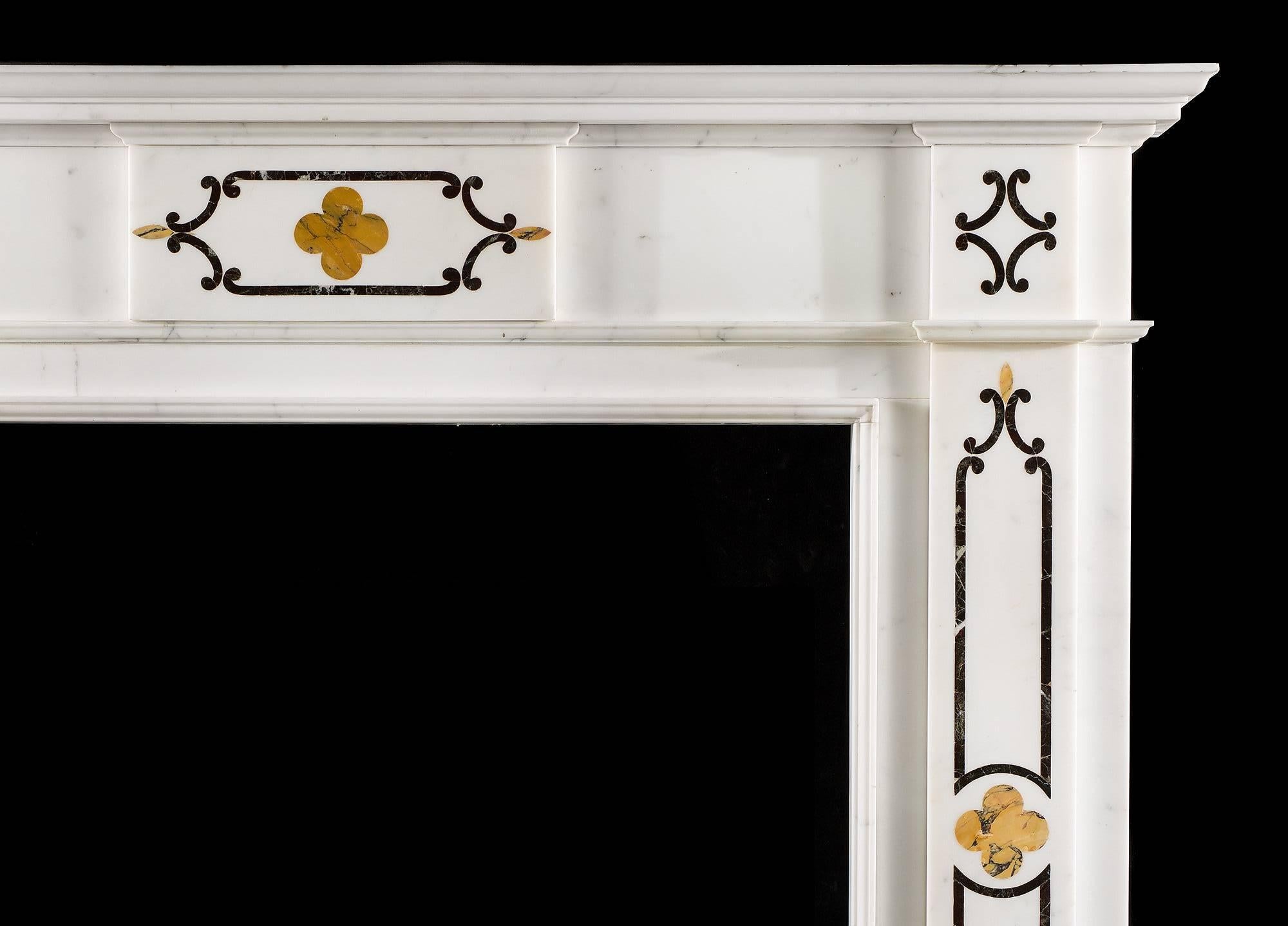 English Statuary Marble Antique Fireplace with Sienna and Verde Antico Marble Inlay