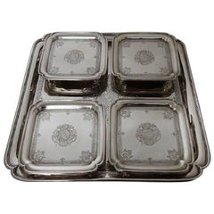 George II Britannia Silver Square Salver & Four Waiters Ensuite, Paul de Lamerie