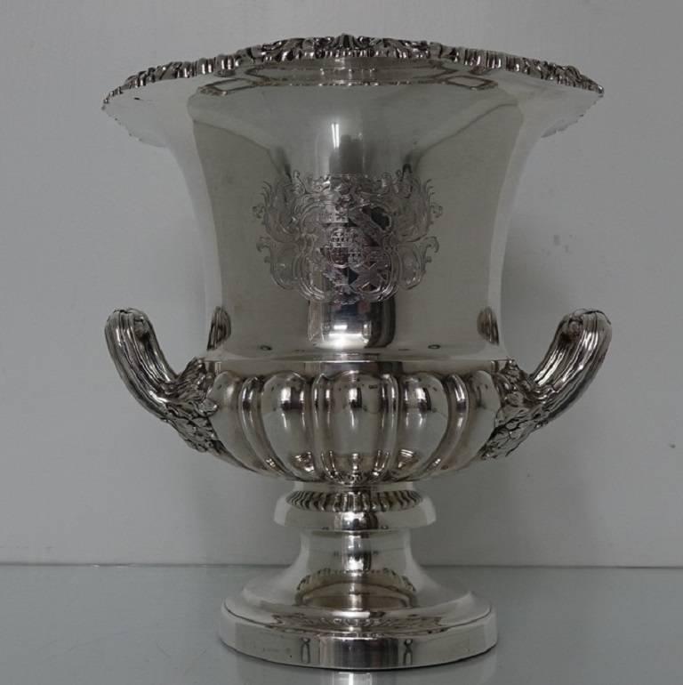 A very rare and highly collectable pair of silver Matthew Boulton campana shaped wine coolers. The coolers have a stunning shaped gadroon and acanthus leaf applied border for highlights. The body of coolers are a perfect mix of plain form and ornate