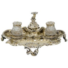 Antique Victorian Silver Gilt 19th Century Desk Inkstand, London, 1839, Charles Fox