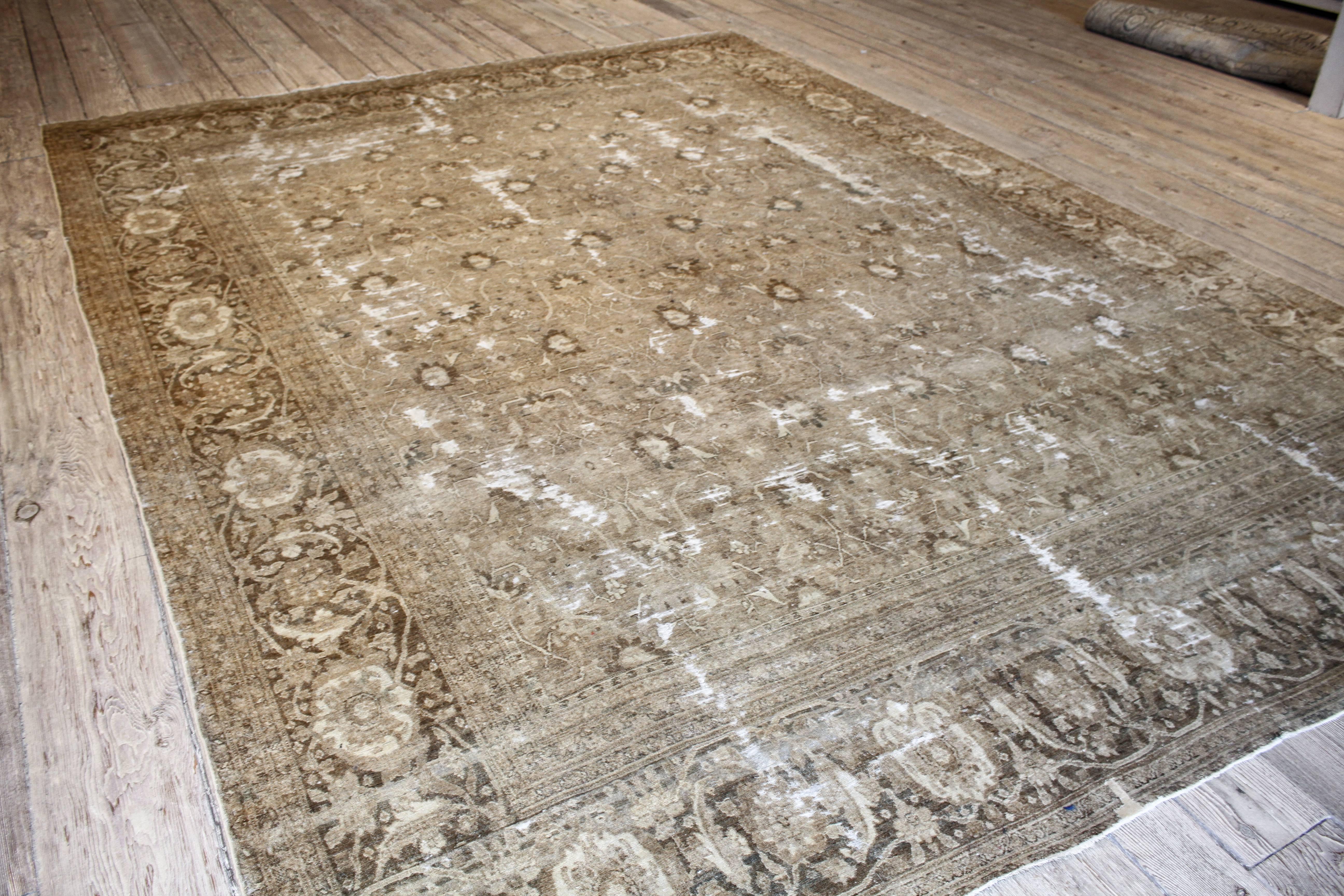 Hand-Knotted Brown Antique Tabriz Rug For Sale