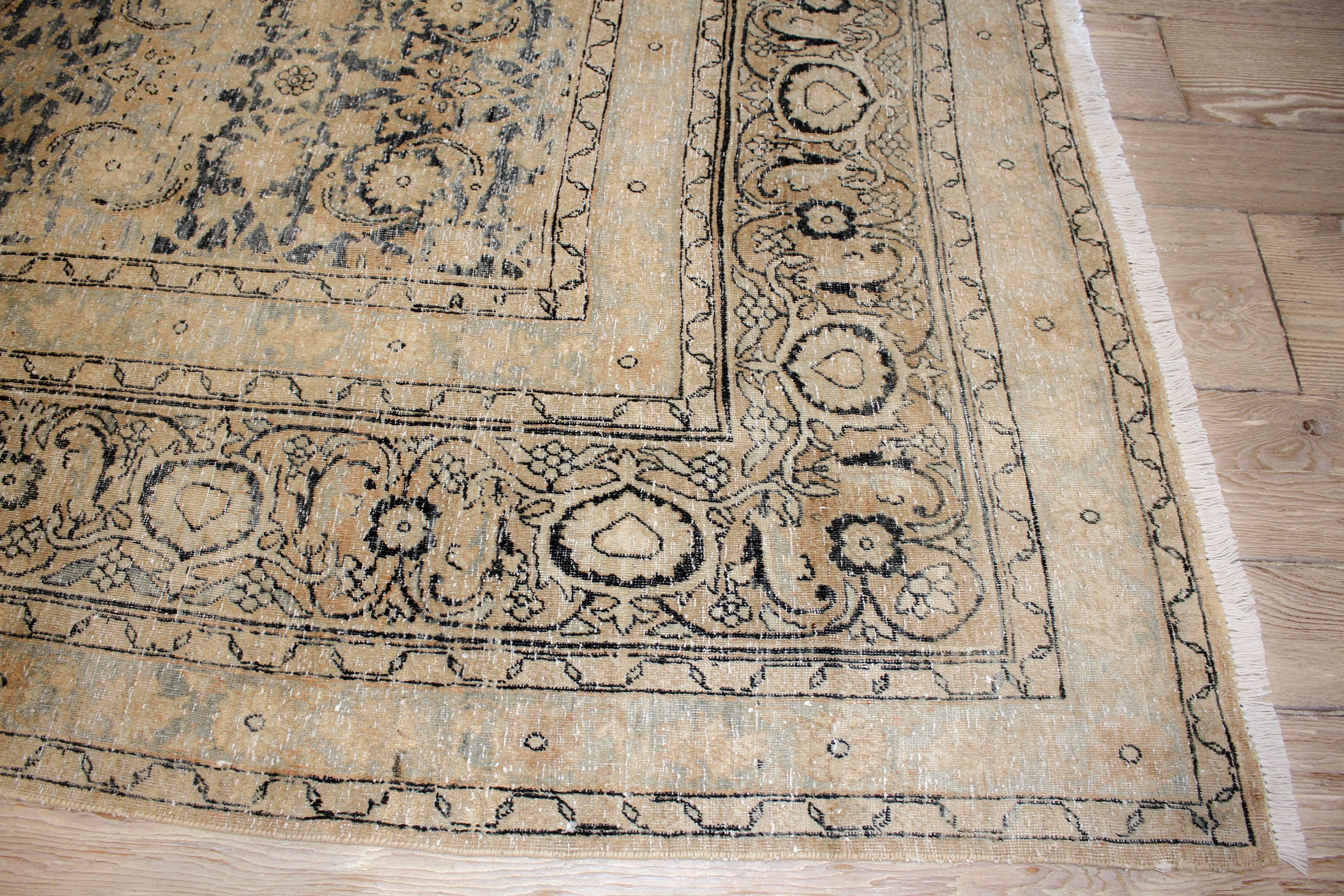 Hand-Knotted Neutral Antique Yazd Rug For Sale