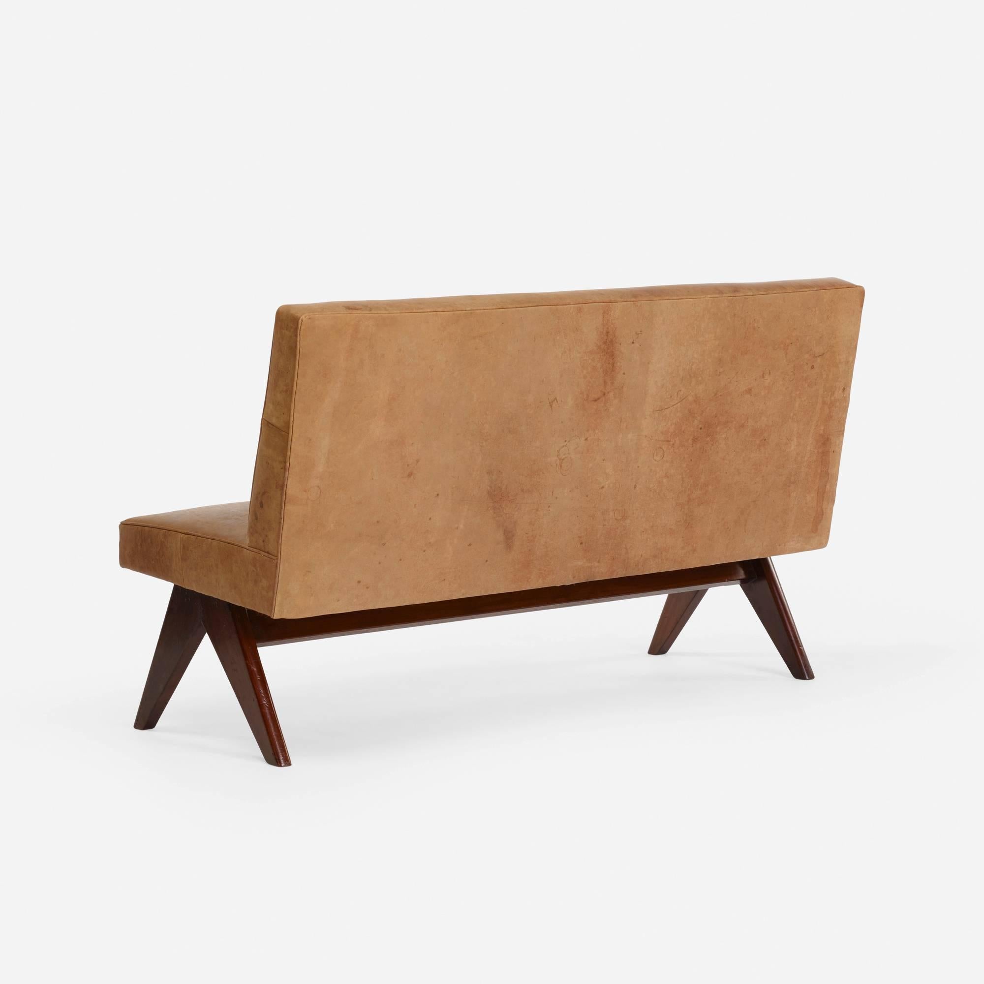 Model PJ-SI-37-B "Public Bench" armless settee in leather and teak by Pierre Jeanneret for the High Court in Chandigarh, India.