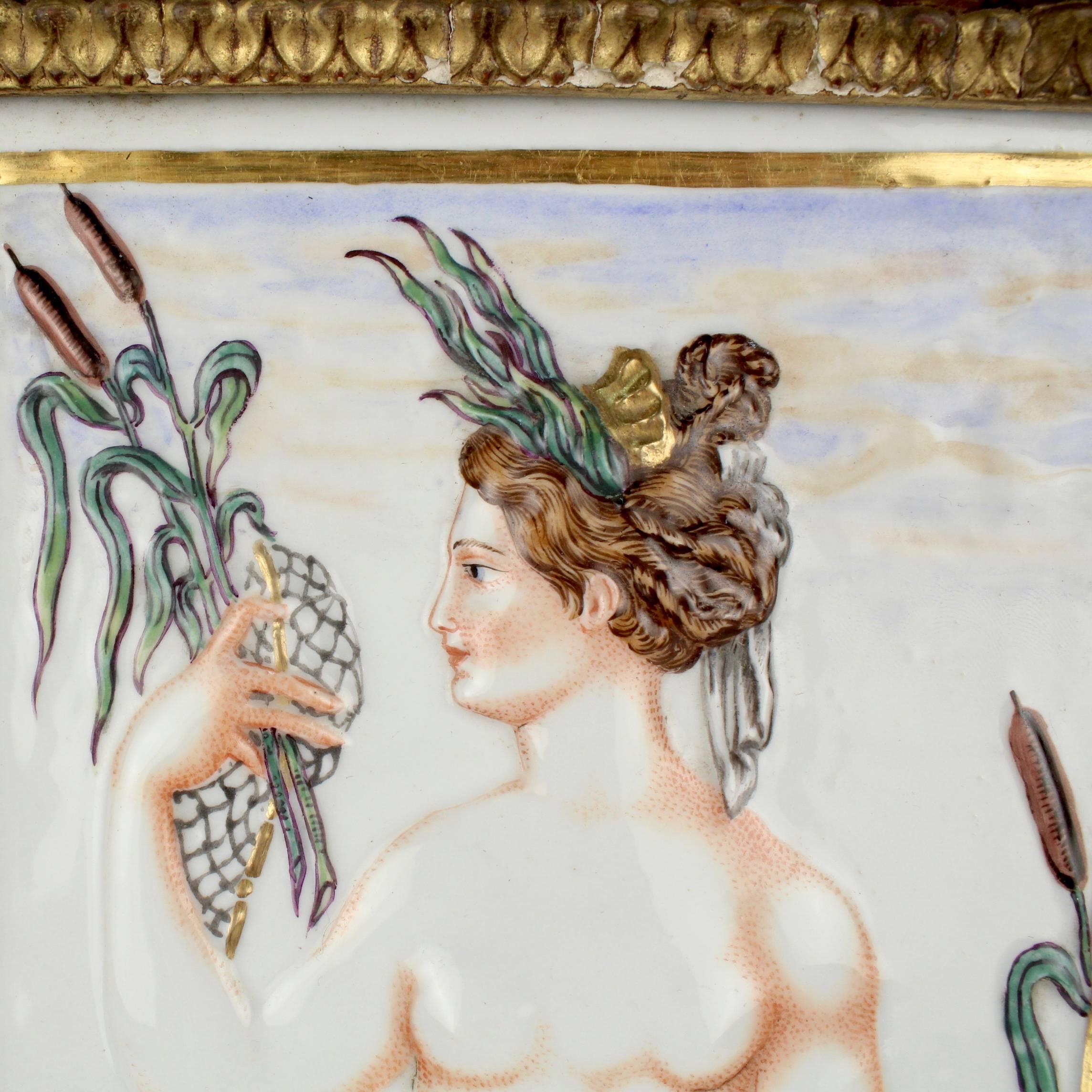 Renaissance Large Antique Capodimonte Porcelain Plaque of a Naiad or Water Nymph For Sale