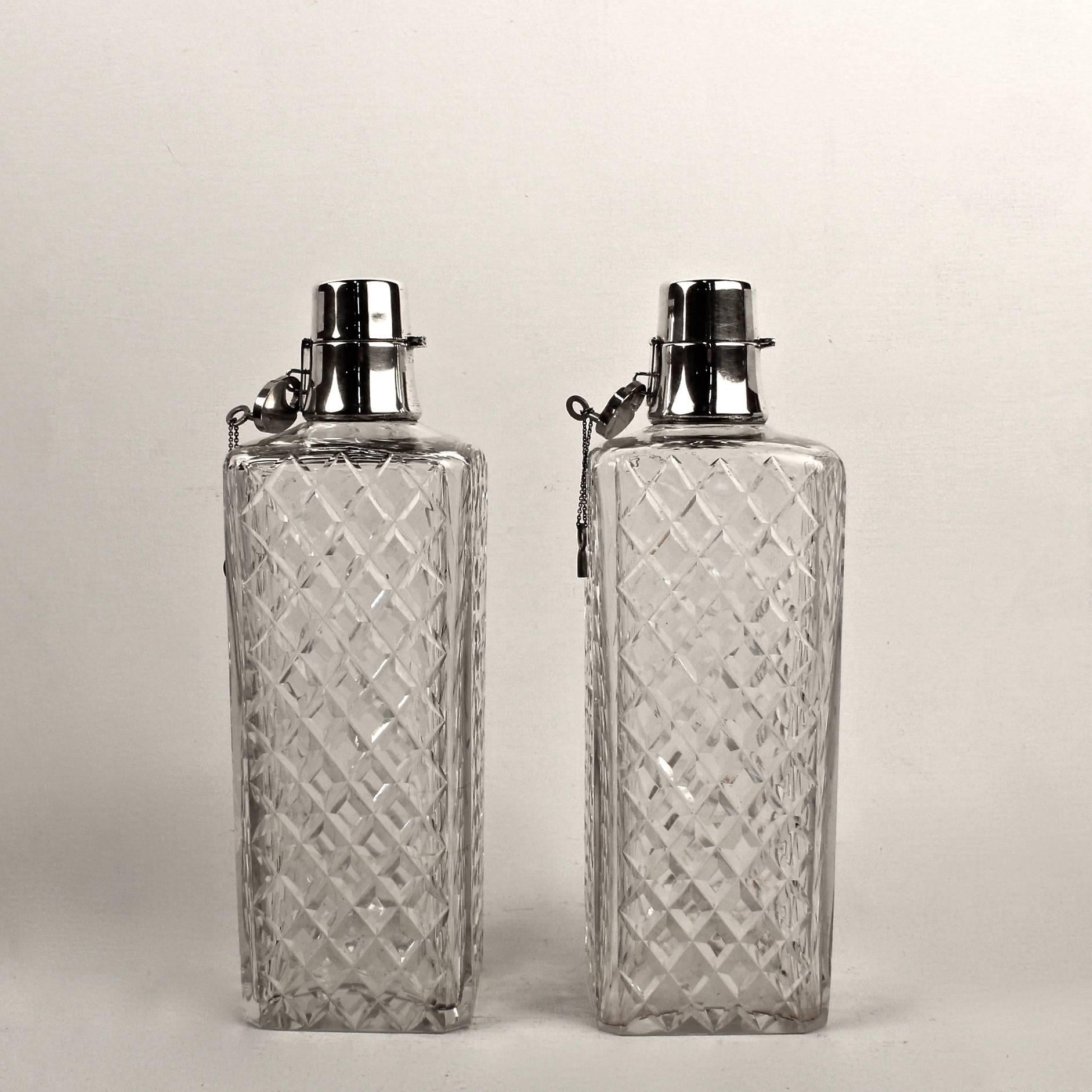 20th Century Pair Art Deco Hawkes Cut Glass & Sterling Silver Cocktail Bar Decanters w Locks