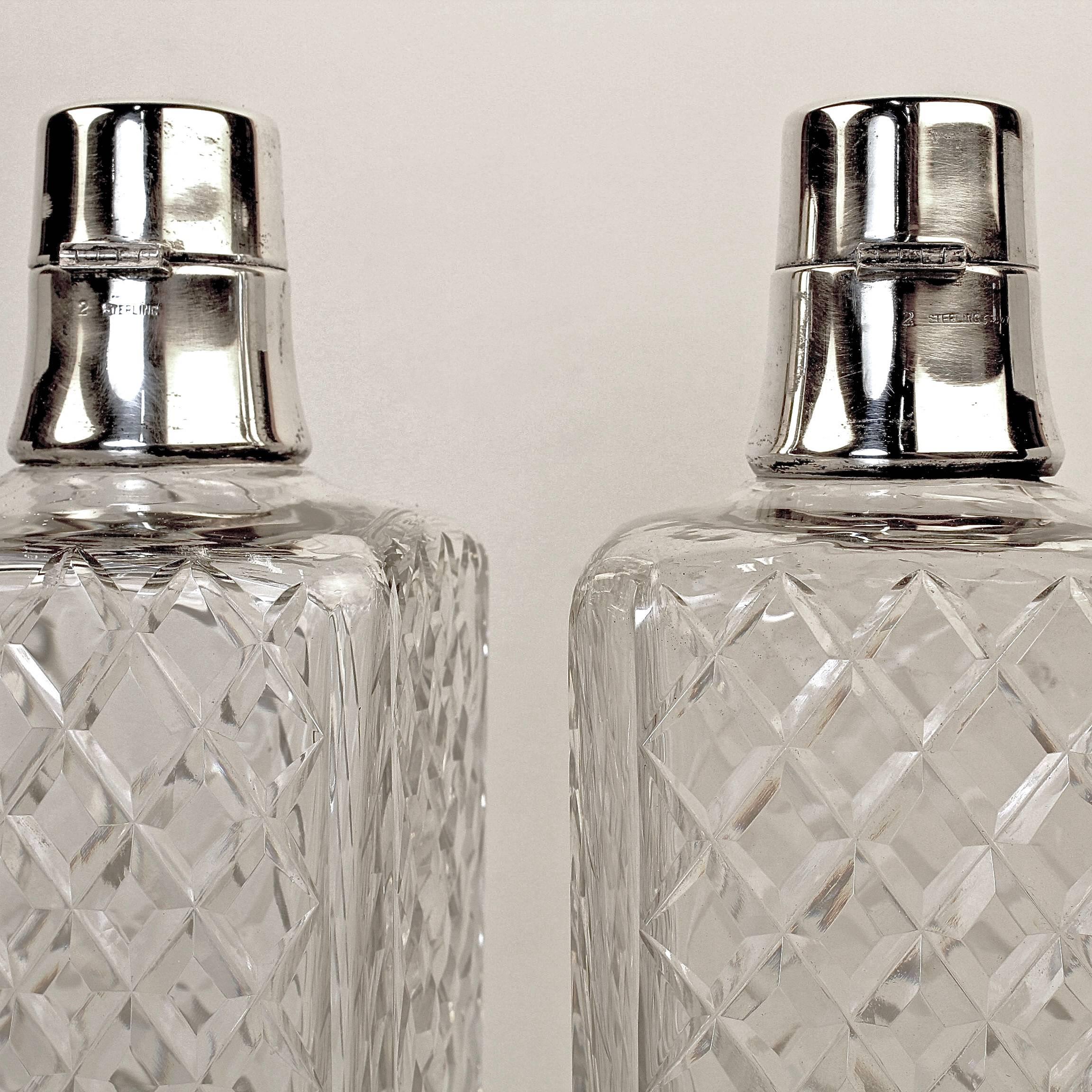 Pair Art Deco Hawkes Cut Glass & Sterling Silver Cocktail Bar Decanters w Locks 3