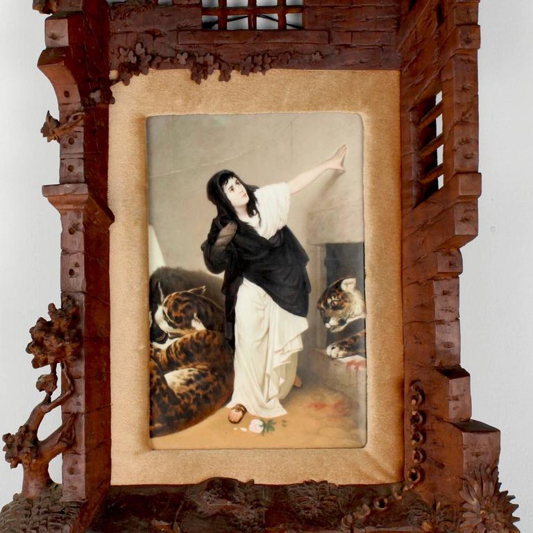 19th Century German Porcelain Plaque of Euphemia in a Carved Black Forest Frame For Sale 4