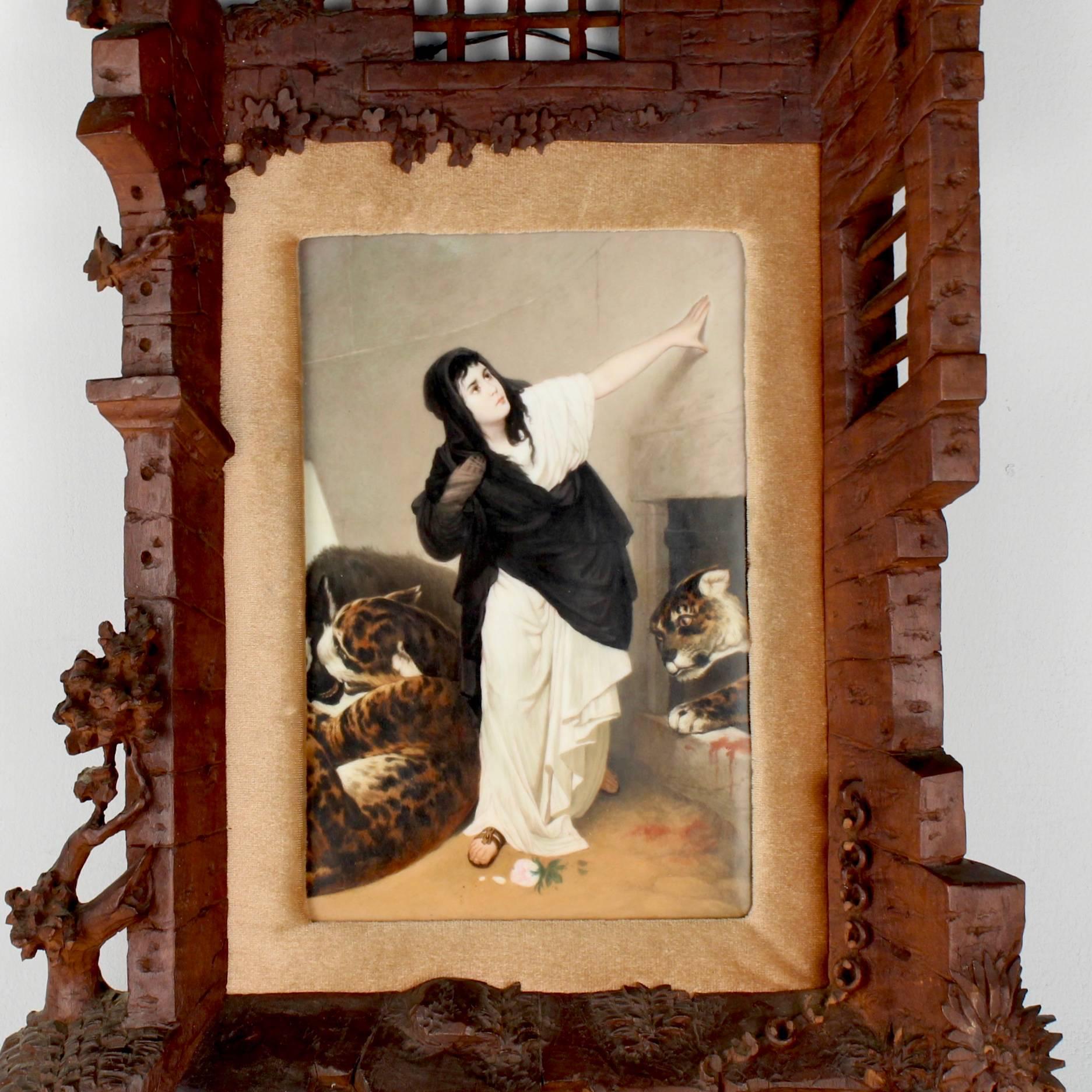 19th Century German Porcelain Plaque of Euphemia in a Carved Black Forest Frame 4