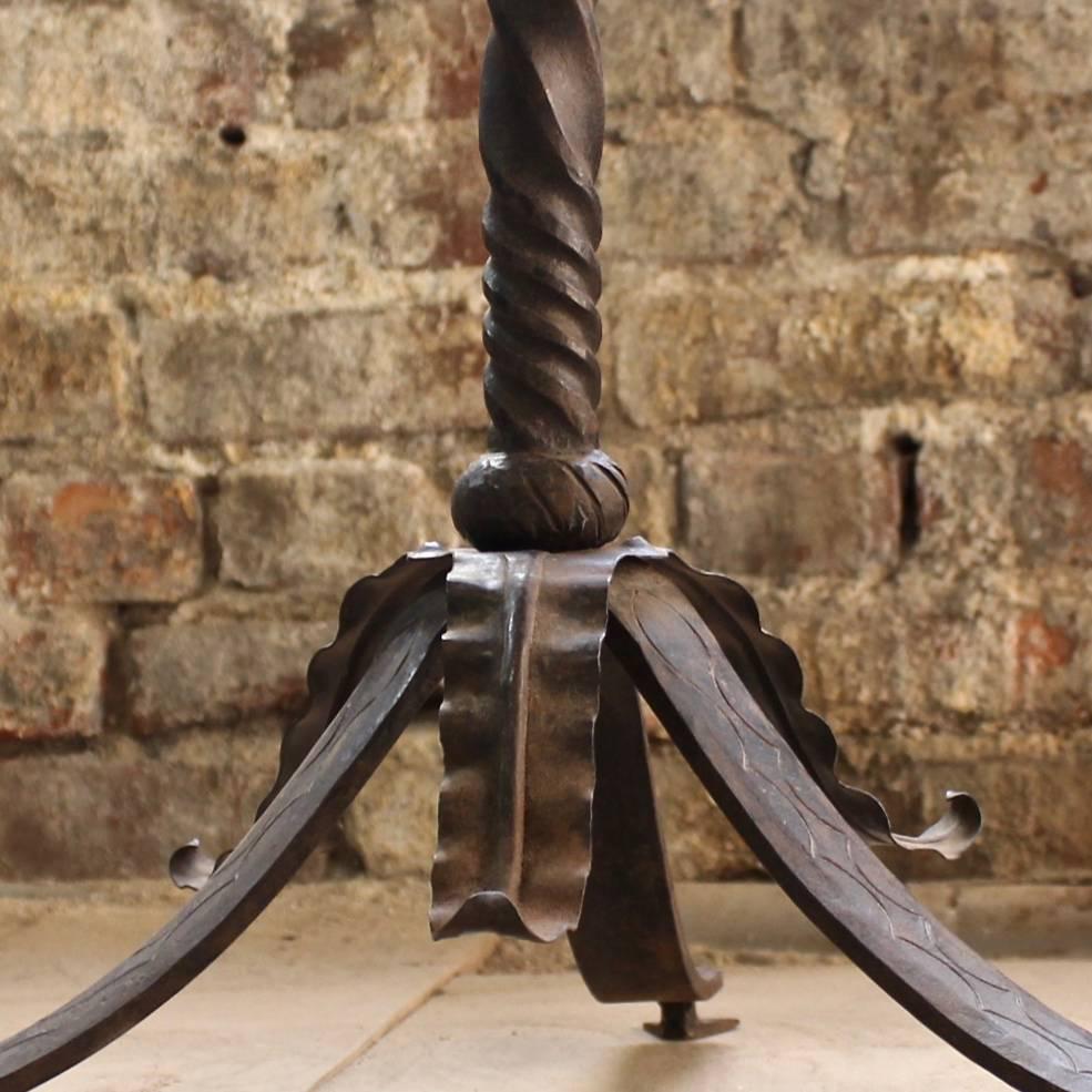 American Neo-Gothic Hand Wrought Iron Pedestal Base Walnut Top Side Table or Stand For Sale