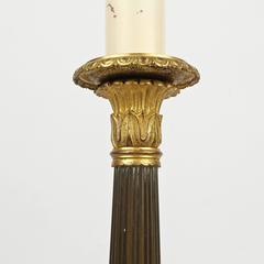 Pair of Antique Patinated and Gilt French Bronze Empire Style Candlestick Lamps