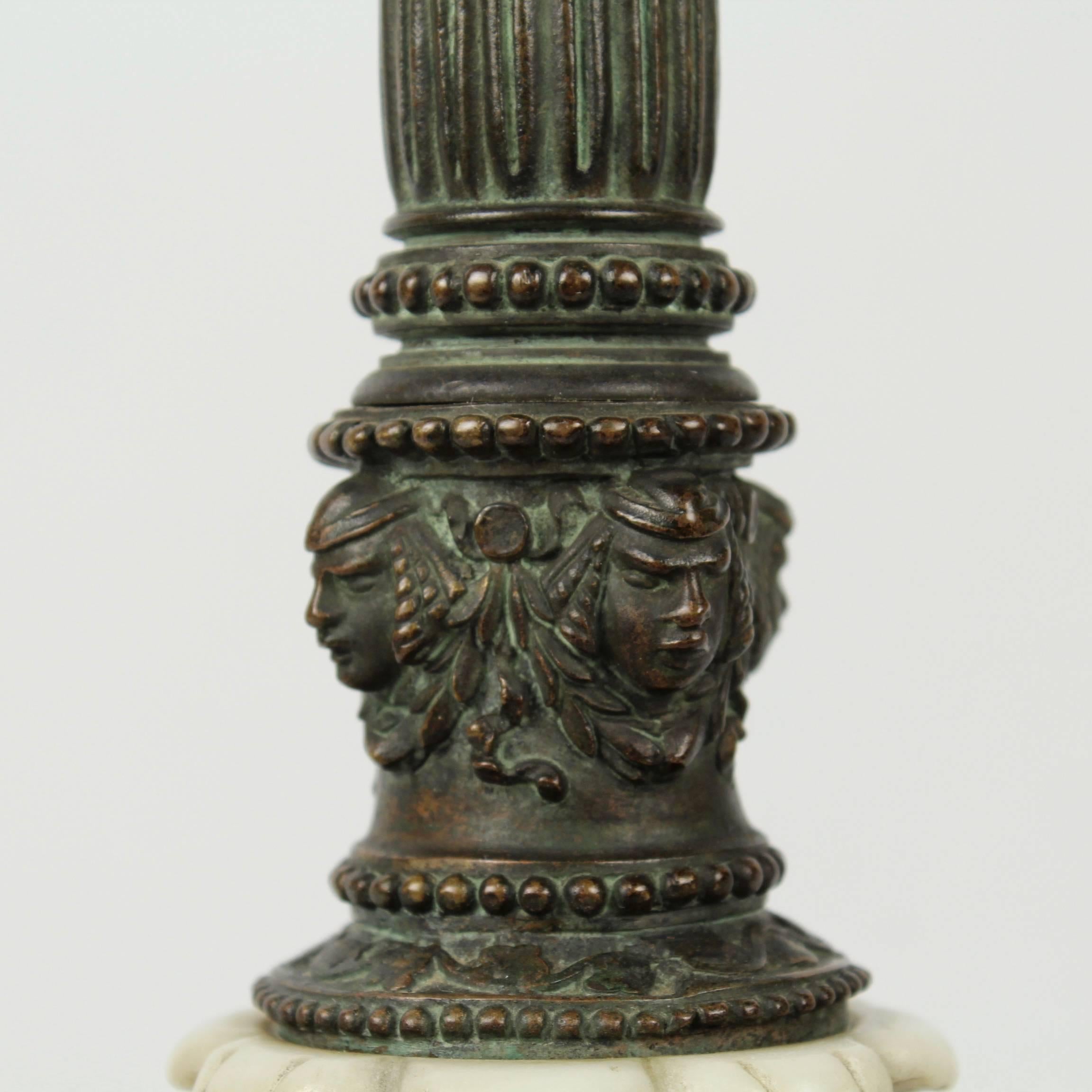 Carved Antique E. F. Caldwell Bronze and Marble Table Lamp with Figural Greek Mask Feet For Sale