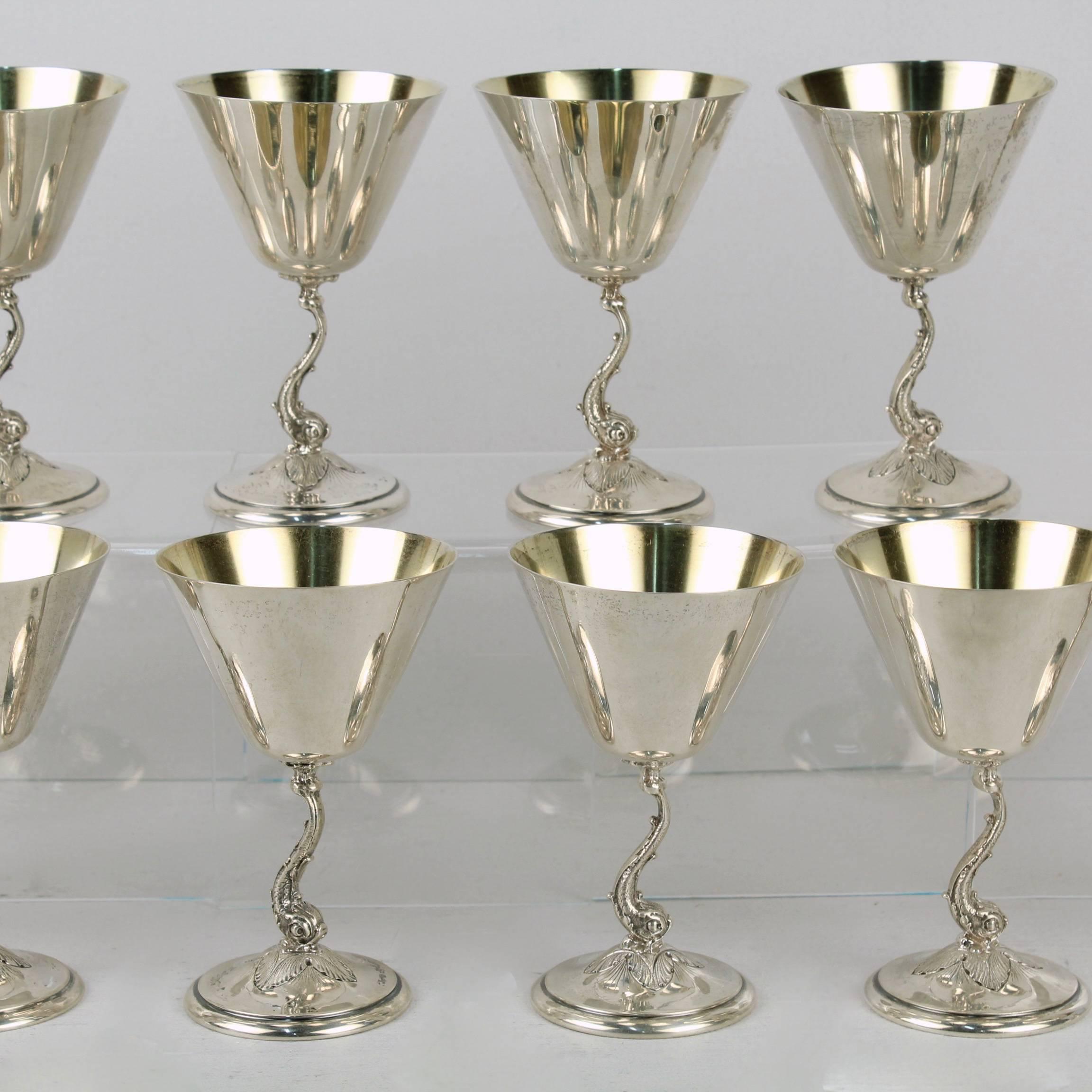 American 12 Gorham Art Deco Sterling Silver Dolphin Martini Goblets or Cocktail Stems