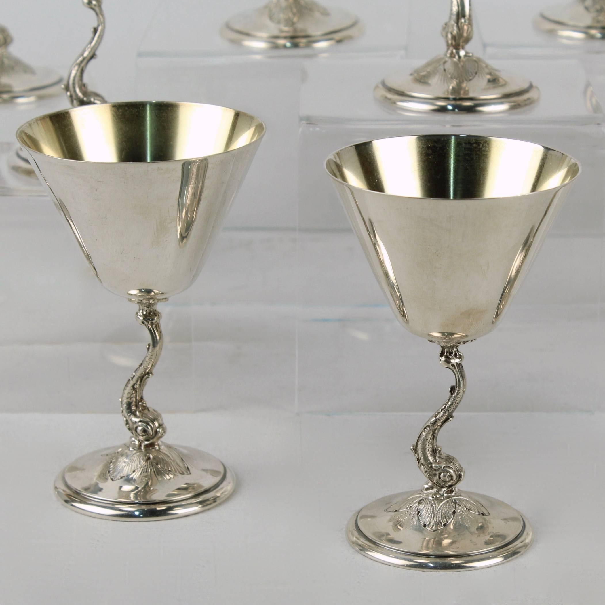 12 Gorham Art Deco Sterling Silver Dolphin Martini Goblets or Cocktail Stems In Good Condition In Philadelphia, PA
