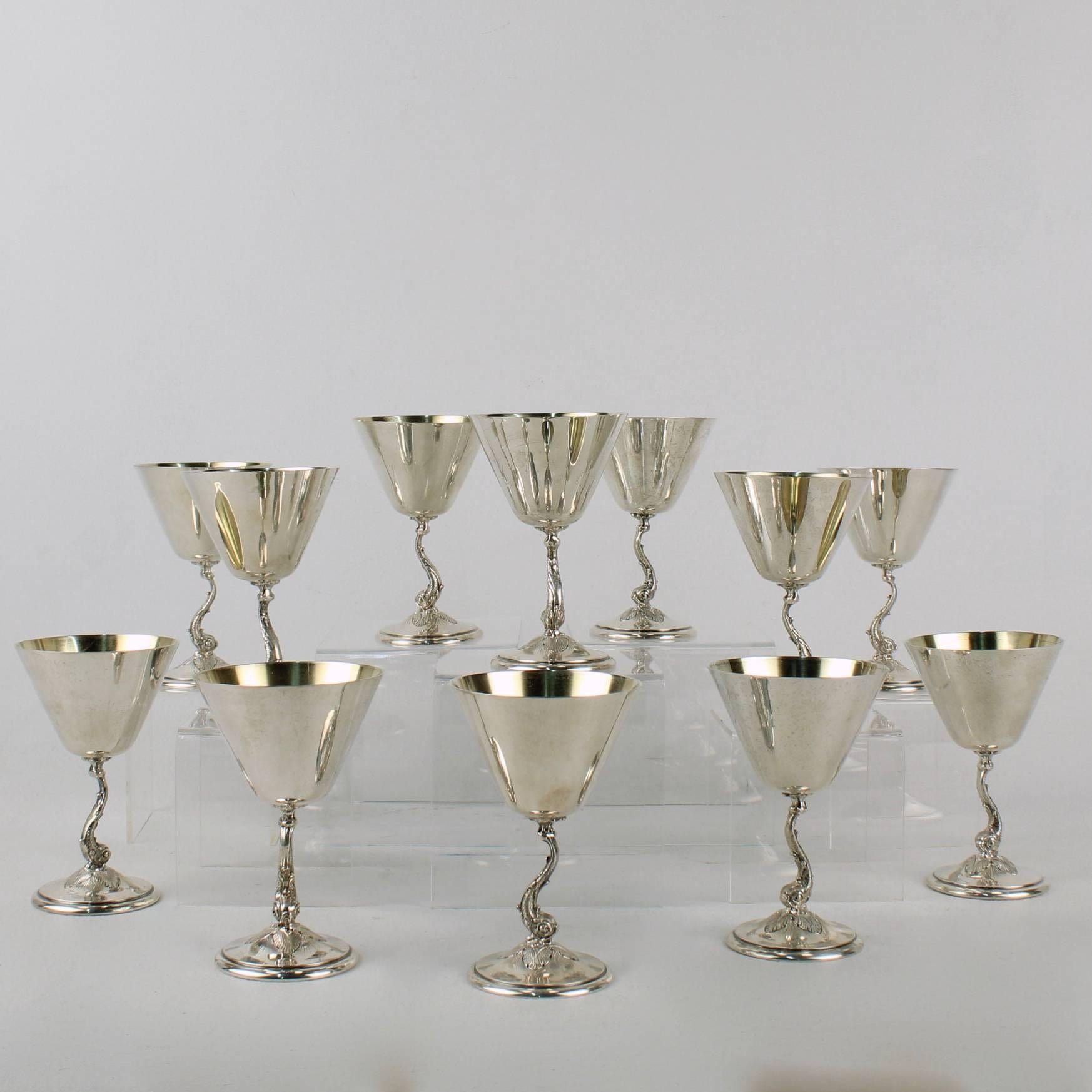 12 Gorham Art Deco Sterling Silver Dolphin Martini Goblets or Cocktail Stems 3