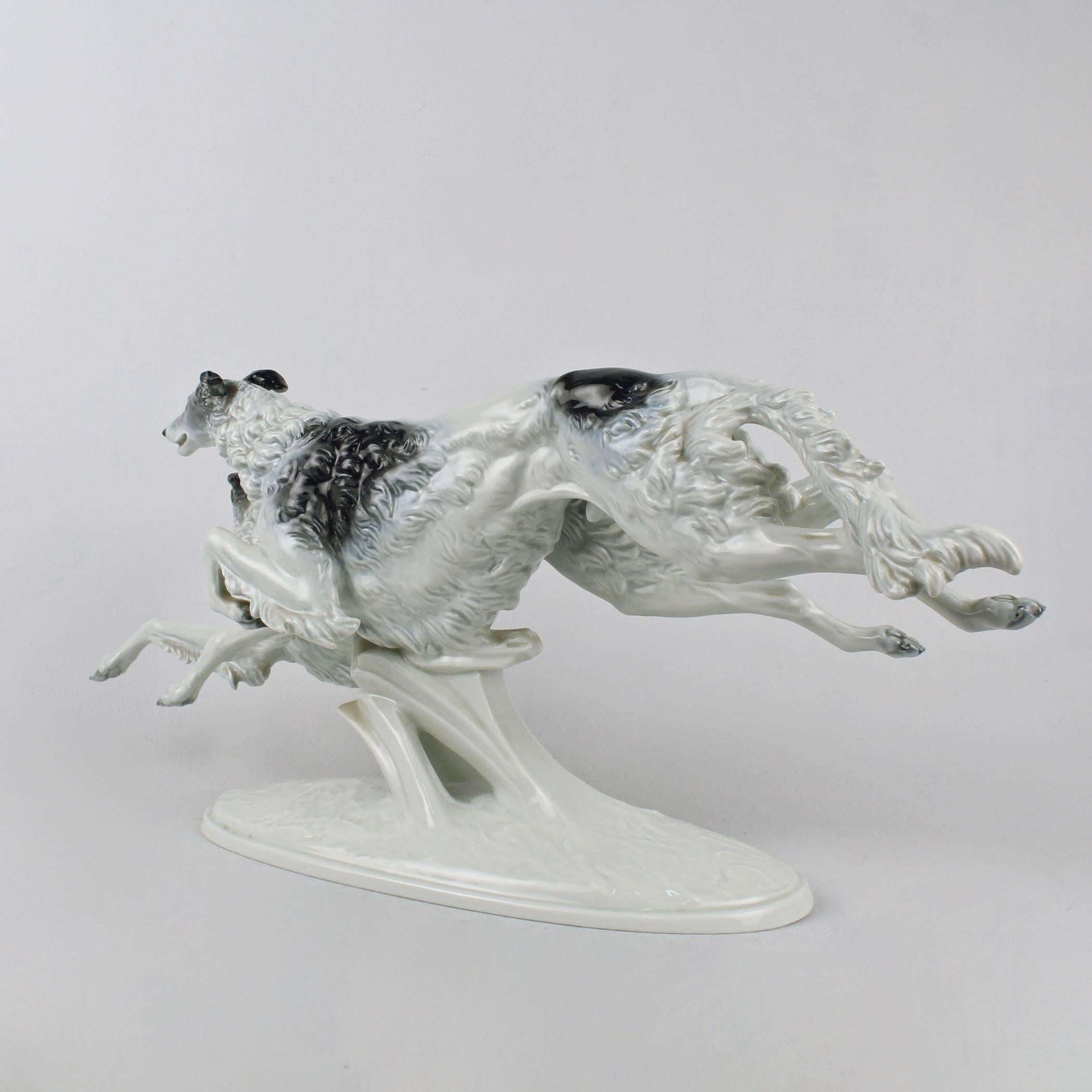 Allemand Grande figurine Art Déco de chien lévrier par Max Fritz pour Rosenthal Porcelaine