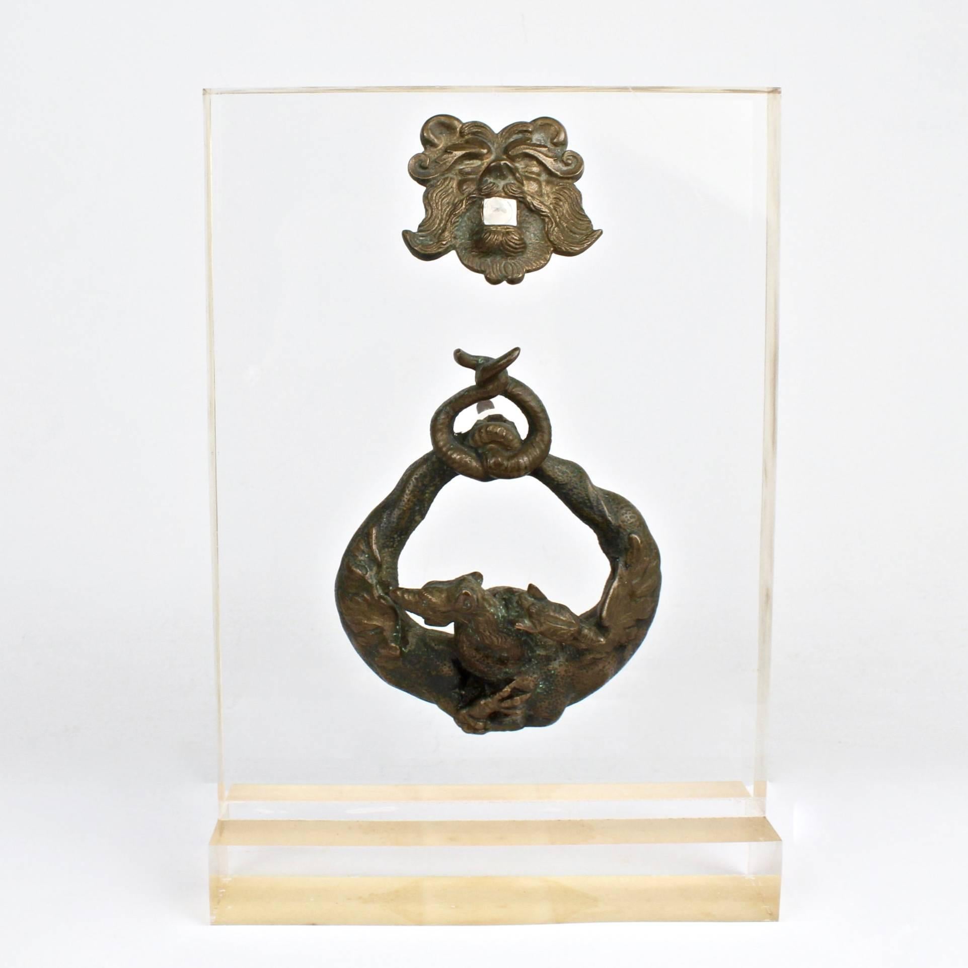 Italian Antique Renaissance Style Bronze Door Knocker with 2 Hippocampi & Neptune's Face