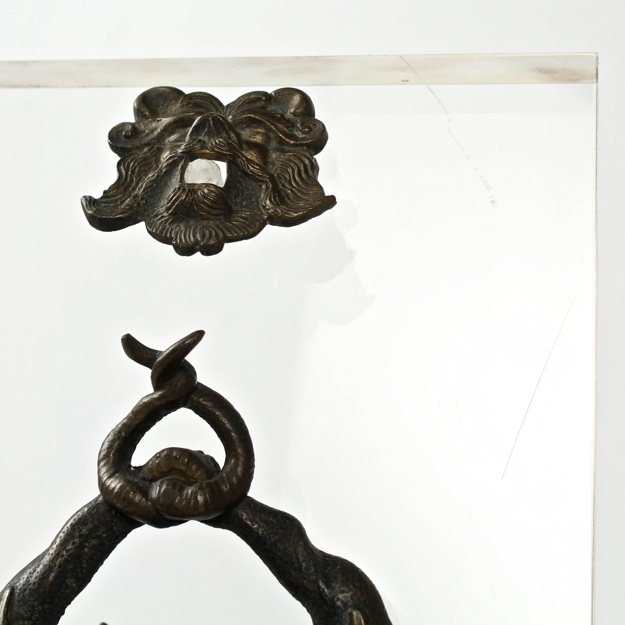 Antique Renaissance Style Bronze Door Knocker with 2 Hippocampi & Neptune's Face 1