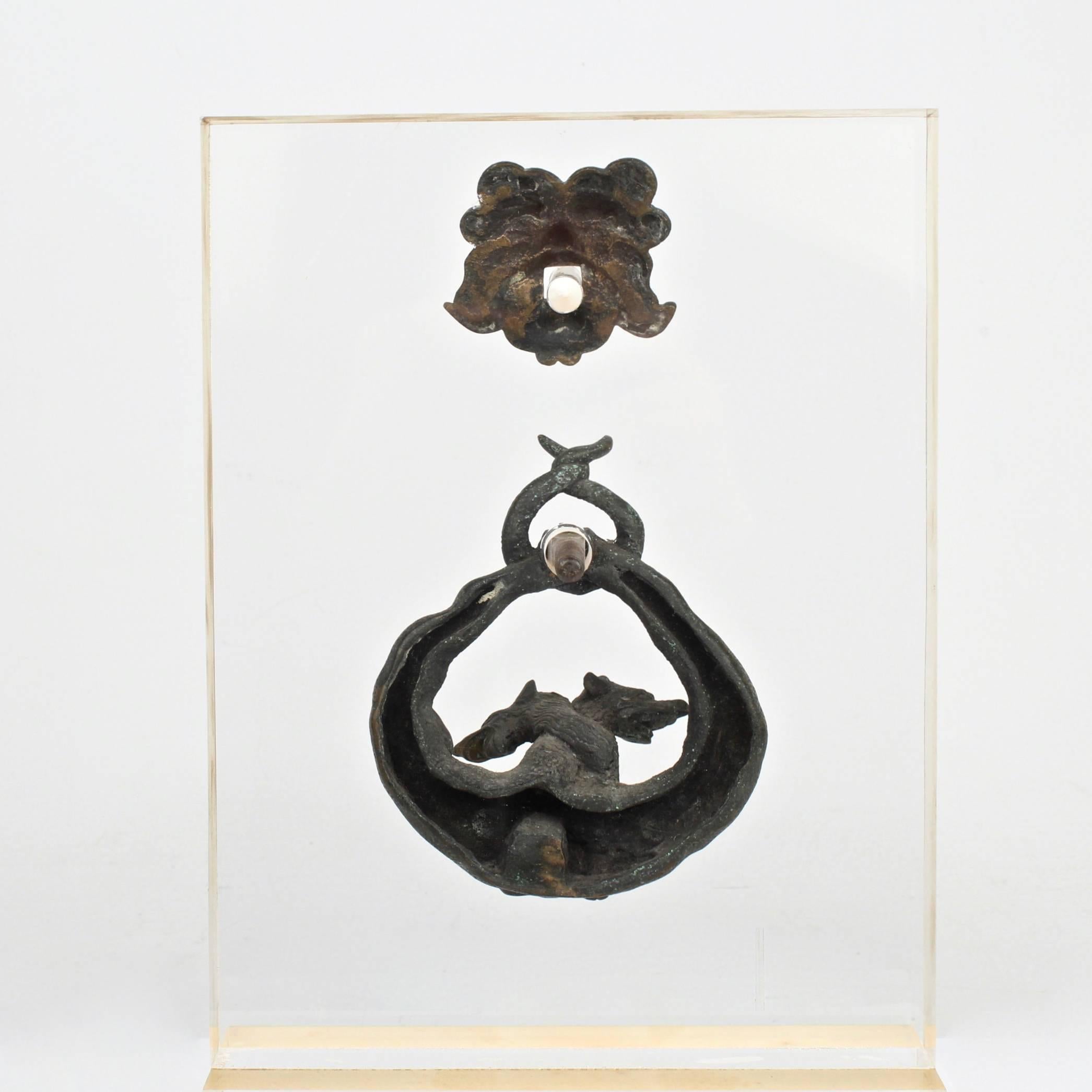 Cast Antique Renaissance Style Bronze Door Knocker with 2 Hippocampi & Neptune's Face