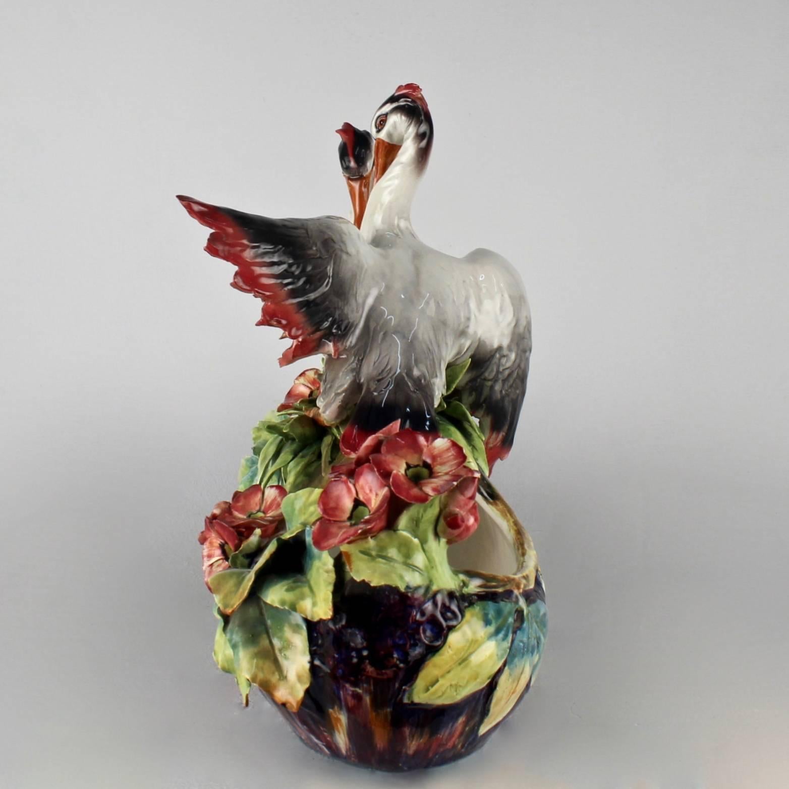 Large Mollica Brothers Italian Majolica Centerpiece with Herons In Good Condition In Philadelphia, PA