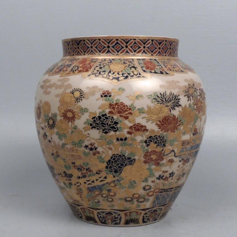 Large 19th Century Signed Japanese Imperial Satsuma Pottery Vase with Gosu Blue For Sale at