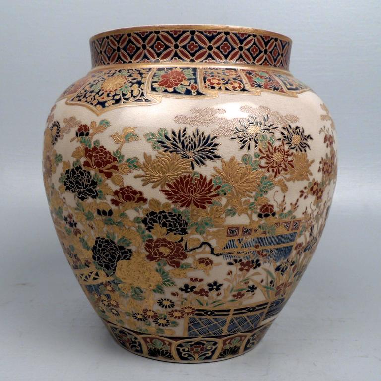 Large 19th Century Signed Japanese Imperial Satsuma Pottery Vase with Gosu Blue For Sale at