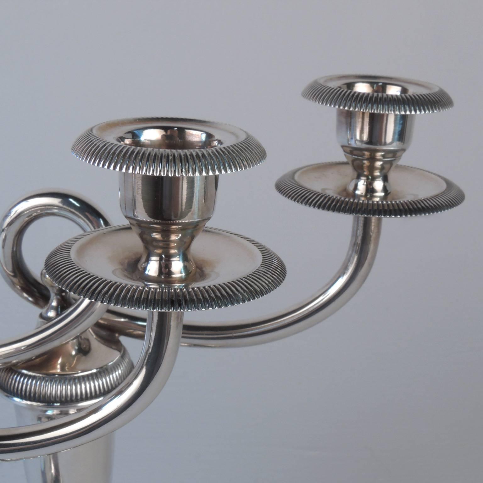 A fine pair of twin-light candle holders by Christofle.

With full twist arms and reeded edges repeated throughout the design.

Fully hallmarked to the underside of the arms.

Width: ca. 9 1/2 in.

Items purchased from David Sterner antiques