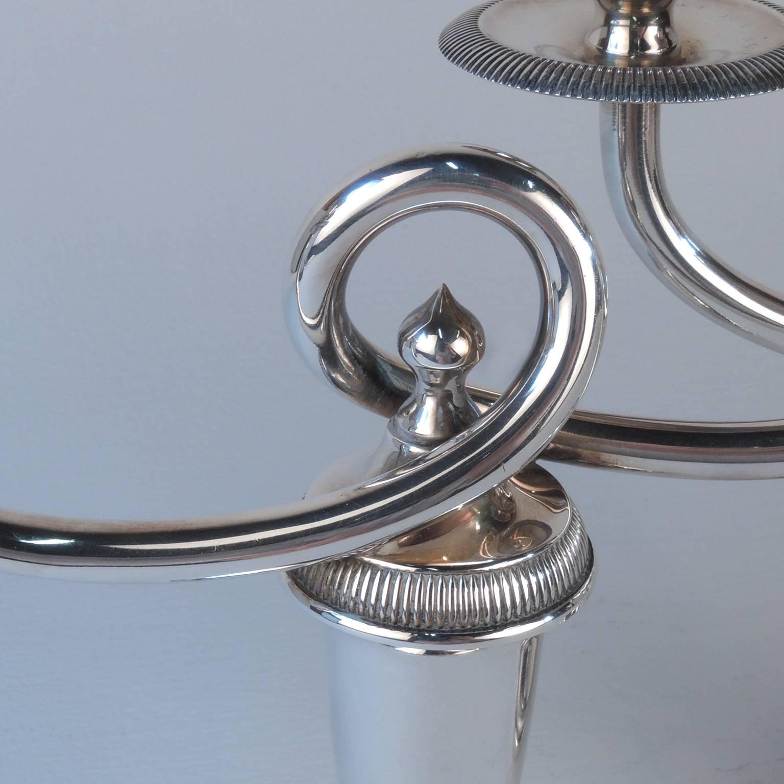 Pair of Christofle Gallia Silver Plated Double Candleholders or Candelabra In Good Condition In Philadelphia, PA