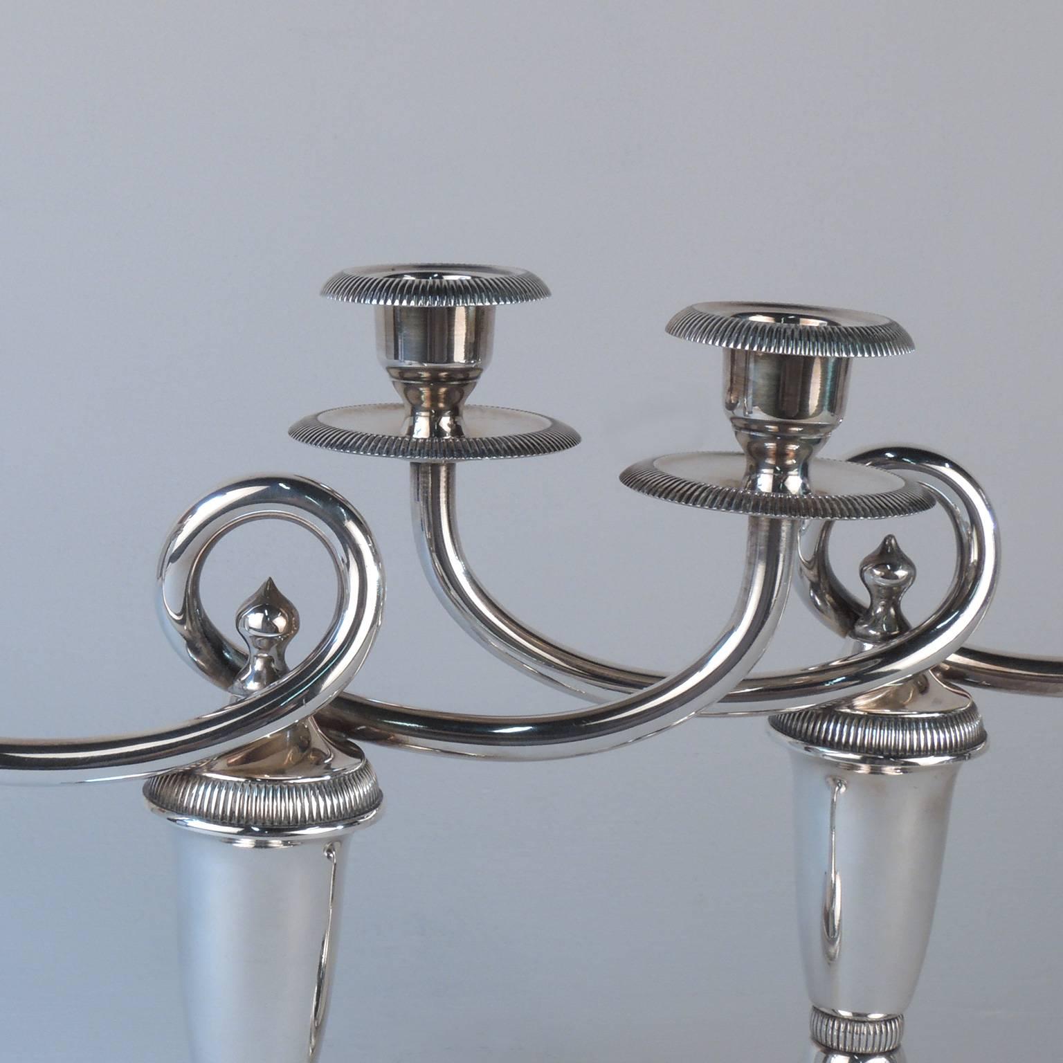 20th Century Pair of Christofle Gallia Silver Plated Double Candleholders or Candelabra