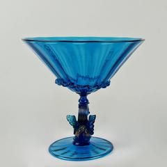 Large Salviati Blue Venetian Glass Footed Bowl or Fruit Stand with Swan Support