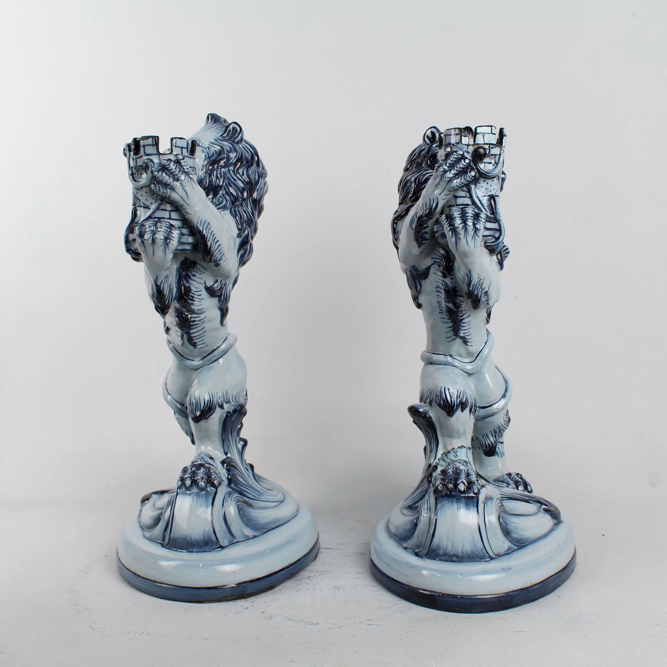 Glazed Pair of Large Antique Emile Galle Nancy French Faience or Majolica Mantel Lions