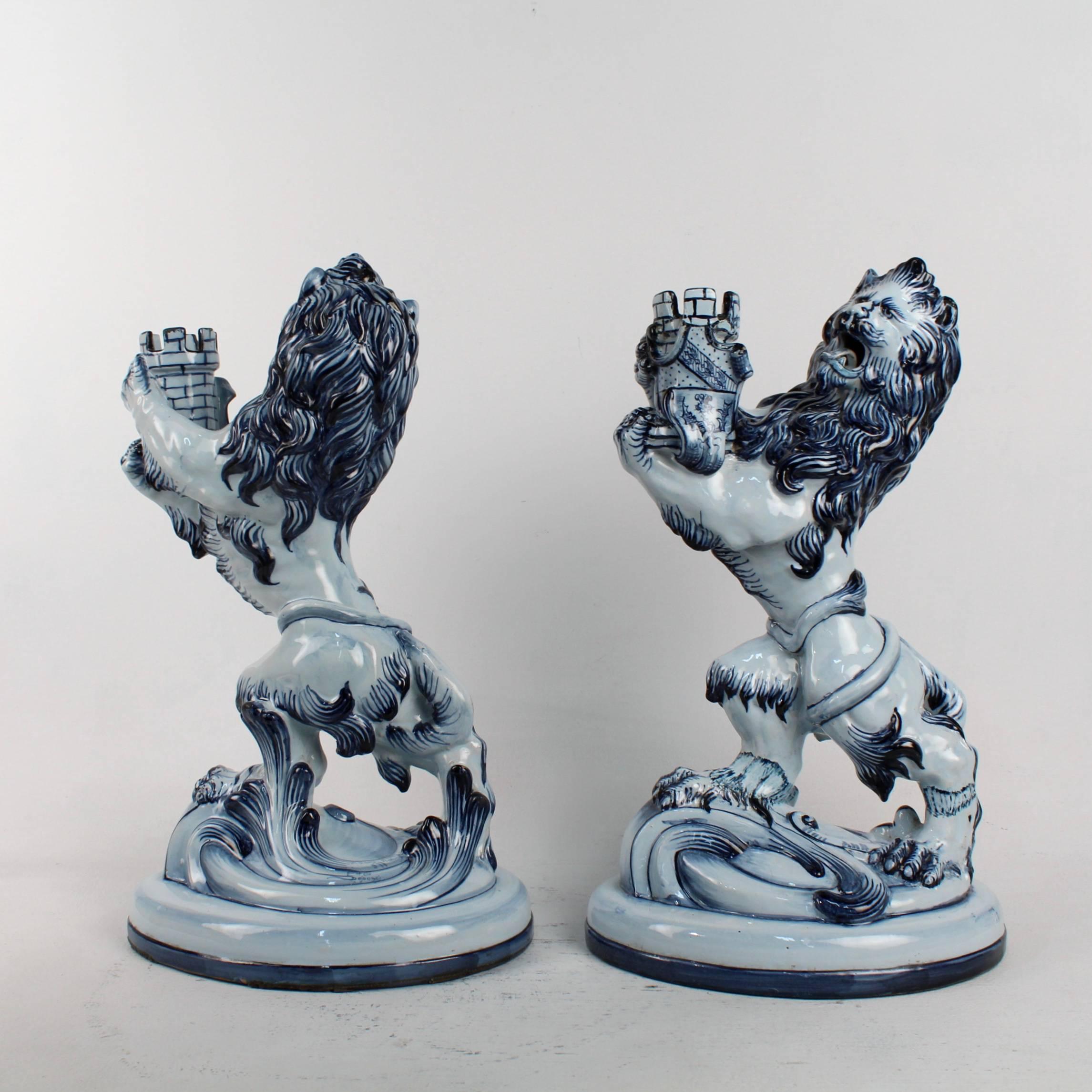 Pair of Large Antique Emile Galle Nancy French Faience or Majolica Mantel Lions In Fair Condition In Philadelphia, PA
