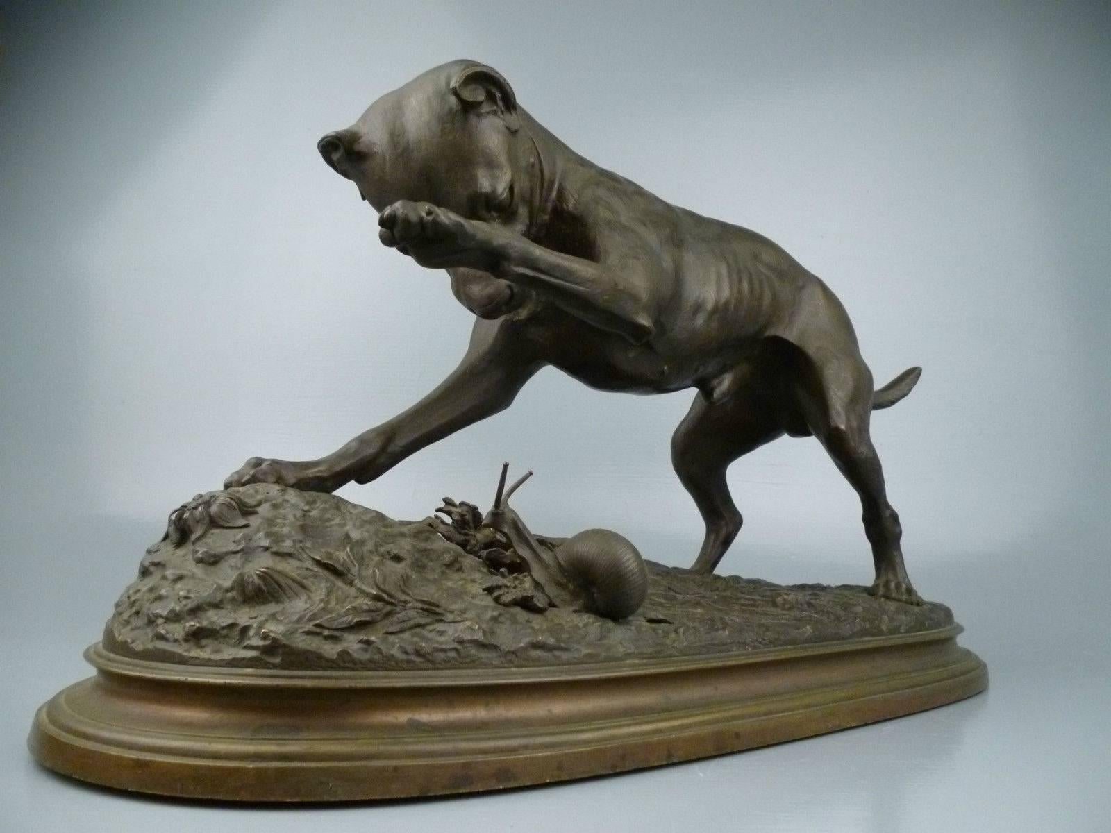 An antique bronze sculpture depicting a jack russell terrier and a snail by François-Frédéric Steenackers. 

The side is mark for Steenackers in script.

(The base also bears a terrific hand written inscription that reads: 