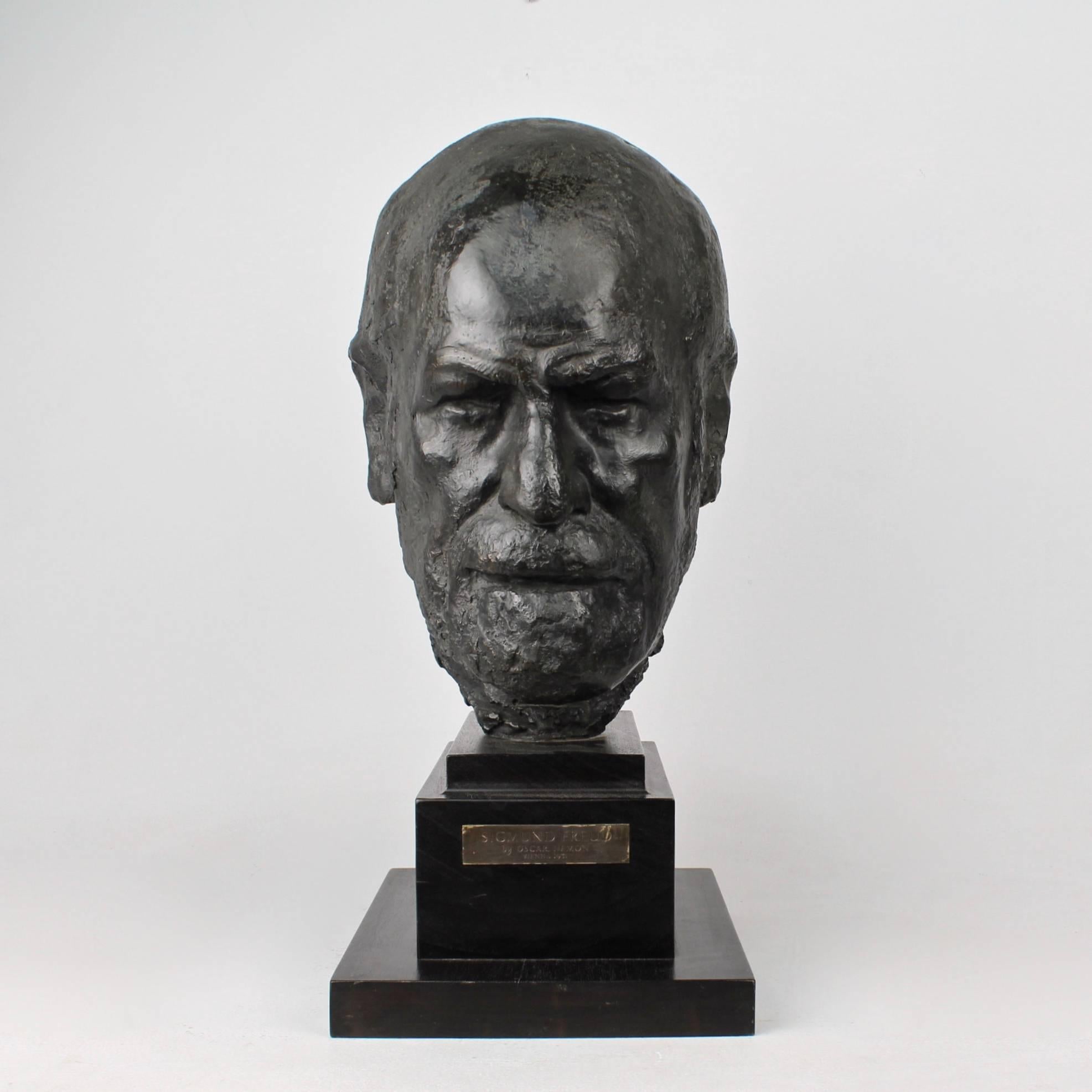 Sigmund Freud by Oscar Nemon. (British 1906-1985).

 Signed 'Nemon' with 'Morris Singer Founders London' foundry stamp to reverse, bronze with dark brown patina, on wooden plinth.

Nemon met and sculpted Freud in Vienna in 1931. From that point on,