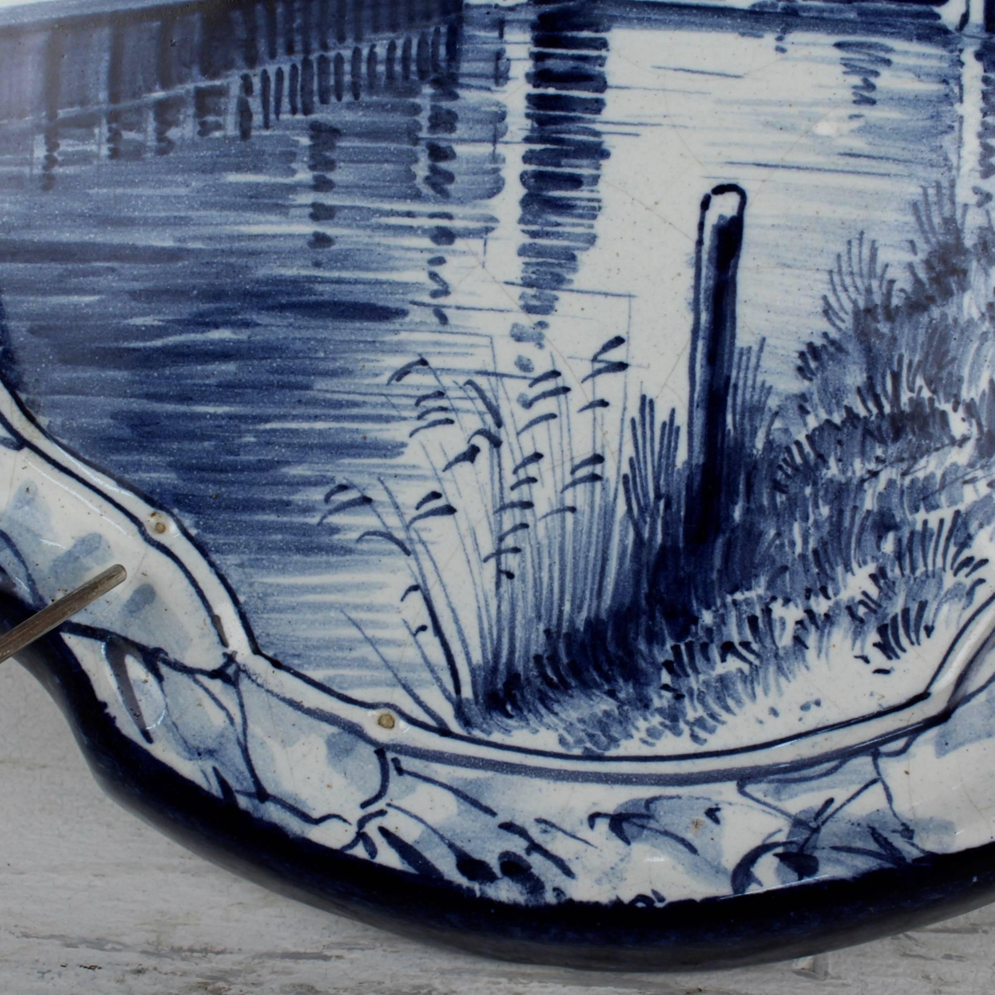 Baroque Antique Blue and White Dutch Delft Pottery Wall Plaque with Canal Scene For Sale