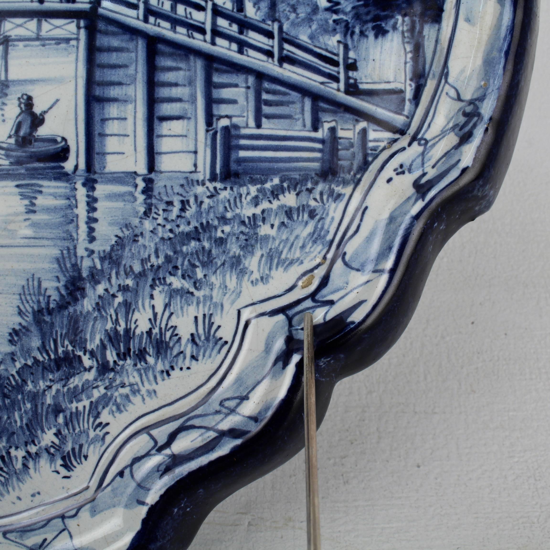19th Century Antique Blue and White Dutch Delft Pottery Wall Plaque with Canal Scene For Sale