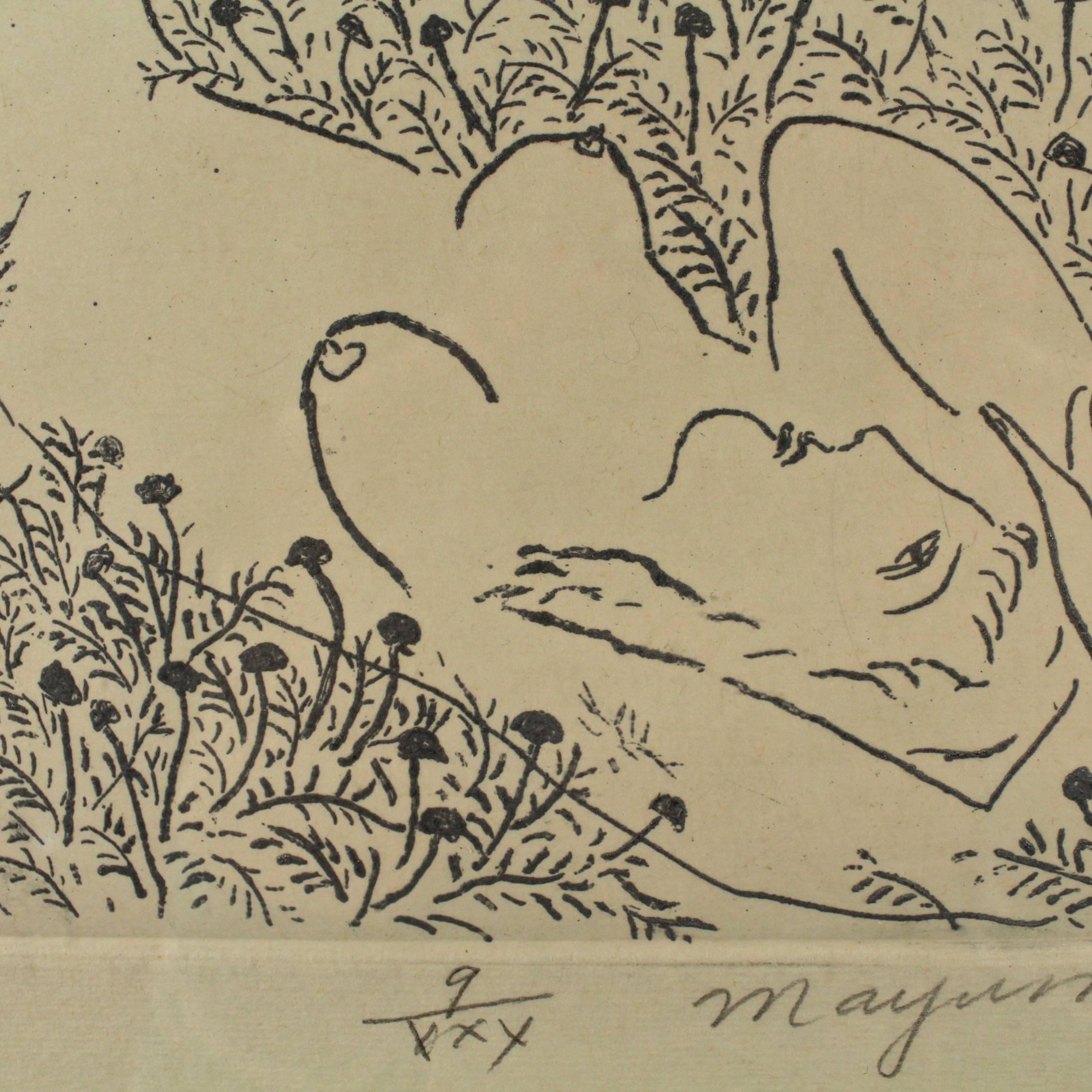 American Chamomile, a Modern Etching of a Nude Female in a Field of Flowers by Mayumi Oda
