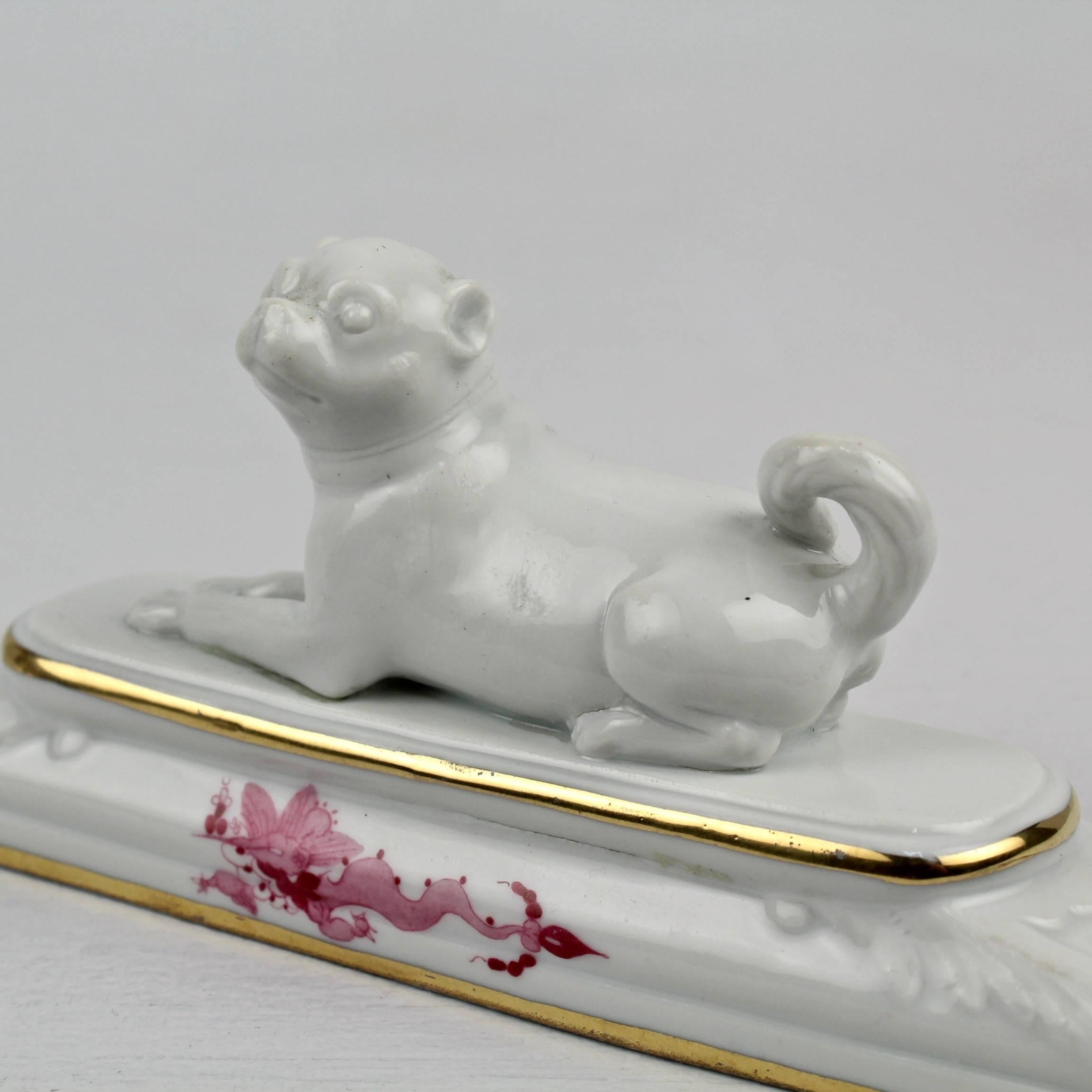 Rococo Meissen Porcelain Figural Pug Paperweight in the Pink Court Dragon Pattern