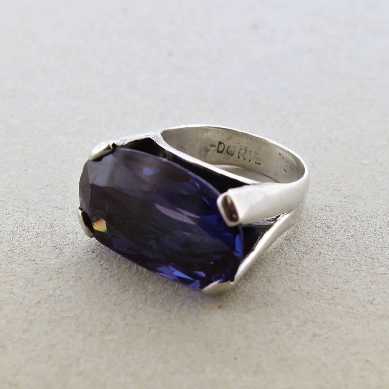 Mid-Century Doris Mexican Sterling Silver & Simulated Alexandrite Cocktail Ring In Good Condition In Philadelphia, PA
