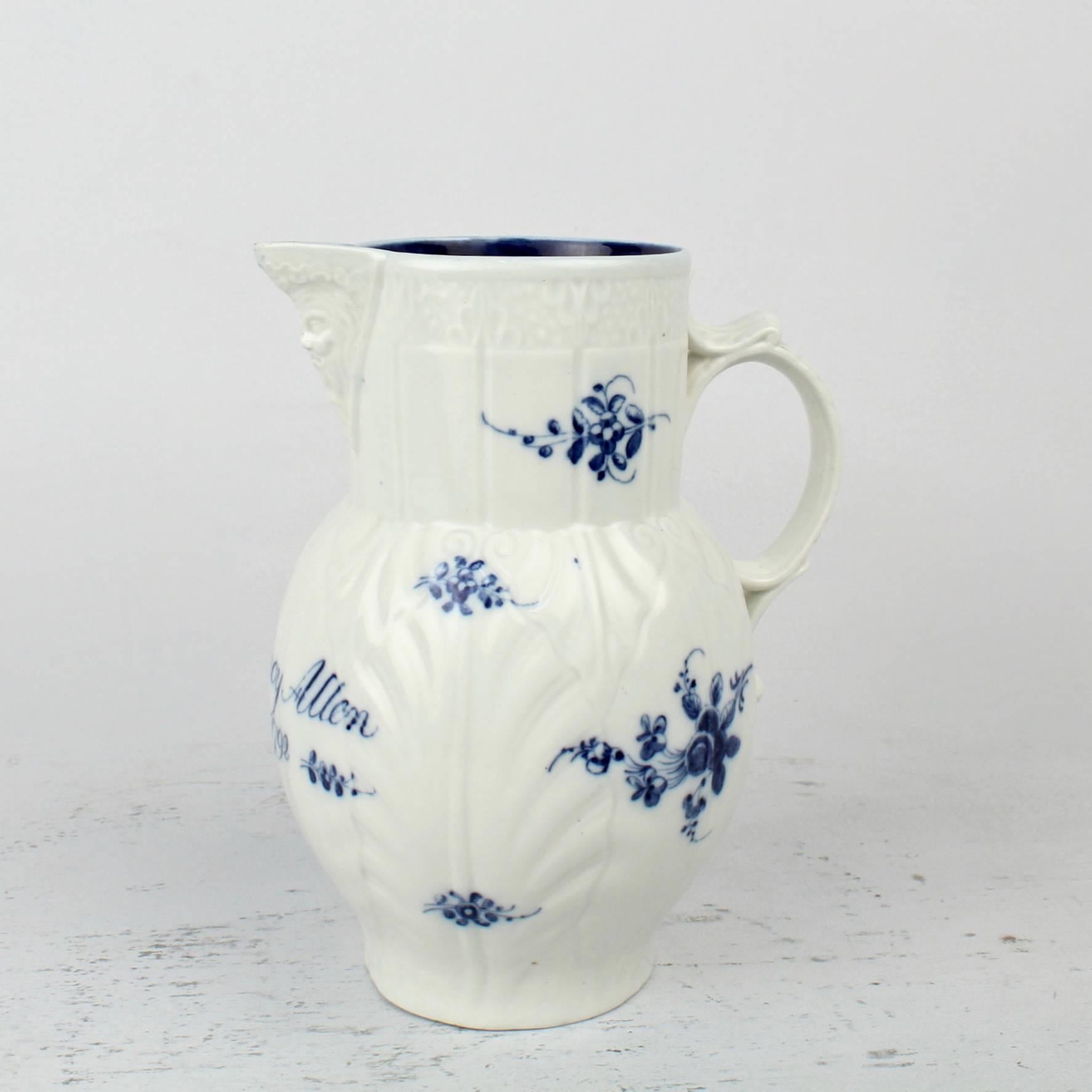 A rare, dated and personalized Caughley soft-paste porcelain cabbage leaf jug with molded design, figural spout and hand-painted blue decoration.

The body is dated for 1792 and personalized for Nancy Allen.

Height: circa 7 3/4 in.

Items