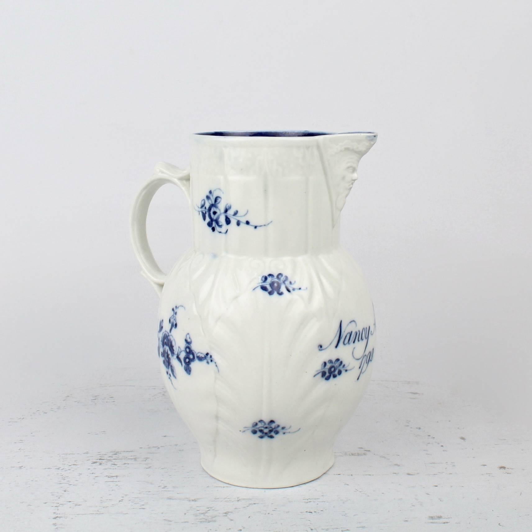 English Dated 18th Century Caughley Soft-Paste Porcelain Cabbage Leaf Pitcher or Jug