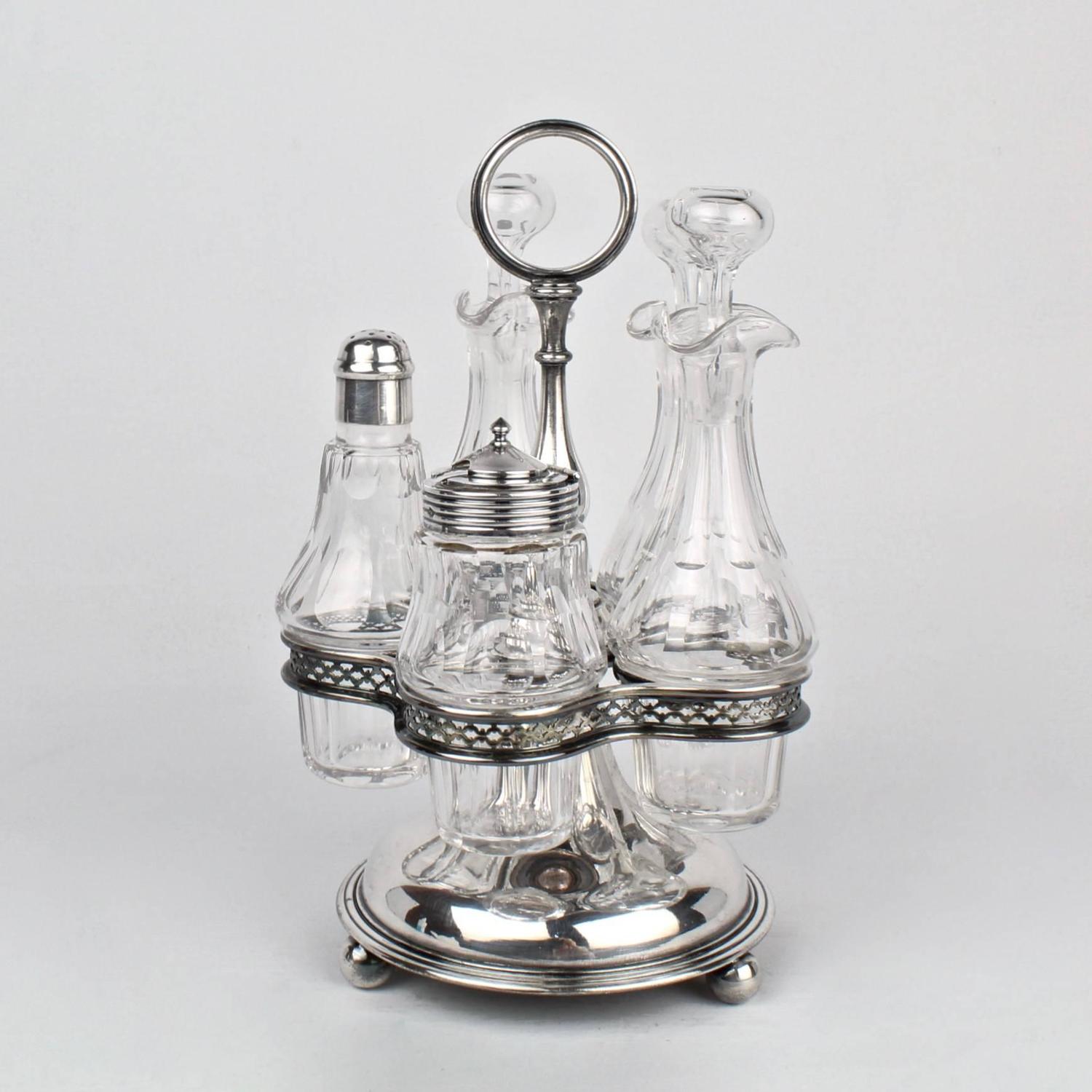 Christofle Silver Plate and Baccarat Crystal Cruet Set and Stand For