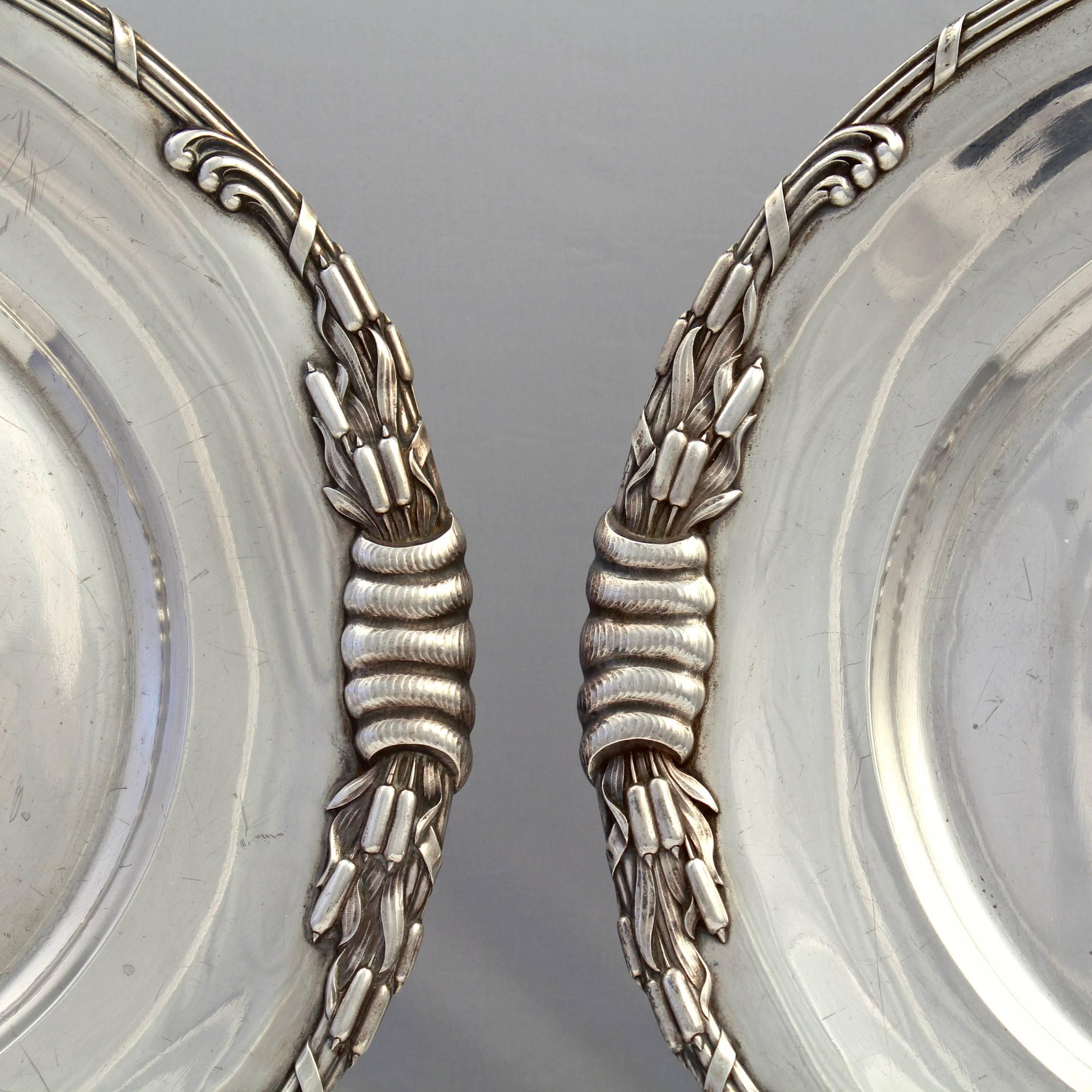 Pair of Dutch Art Nouveau Sterling Silver Platters with Cattails by Ph Saakes In Good Condition In Philadelphia, PA