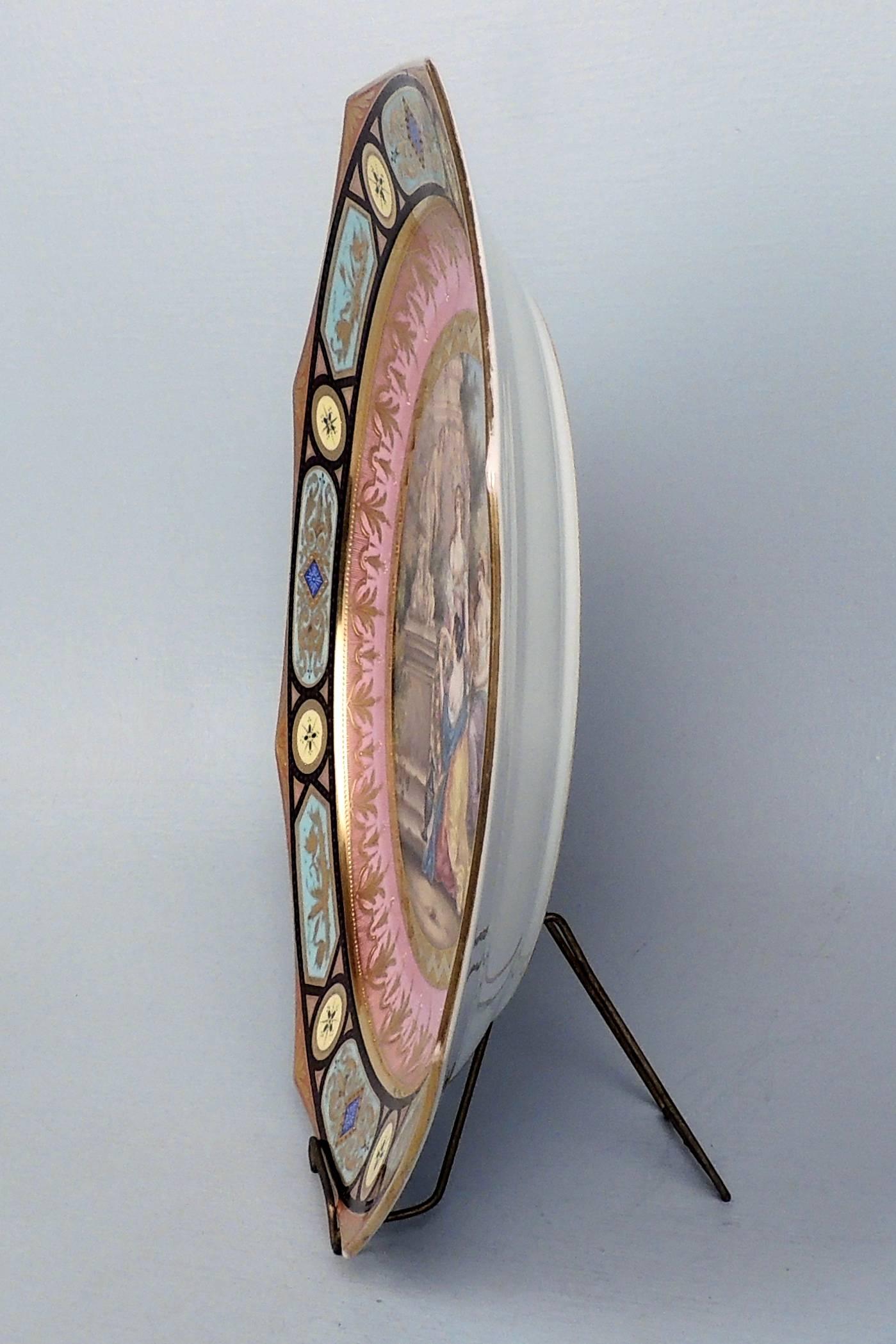 Beaux Arts Antique Jeweled and Hand-Painted Pink Ground Royal Vienna Porcelain Charger