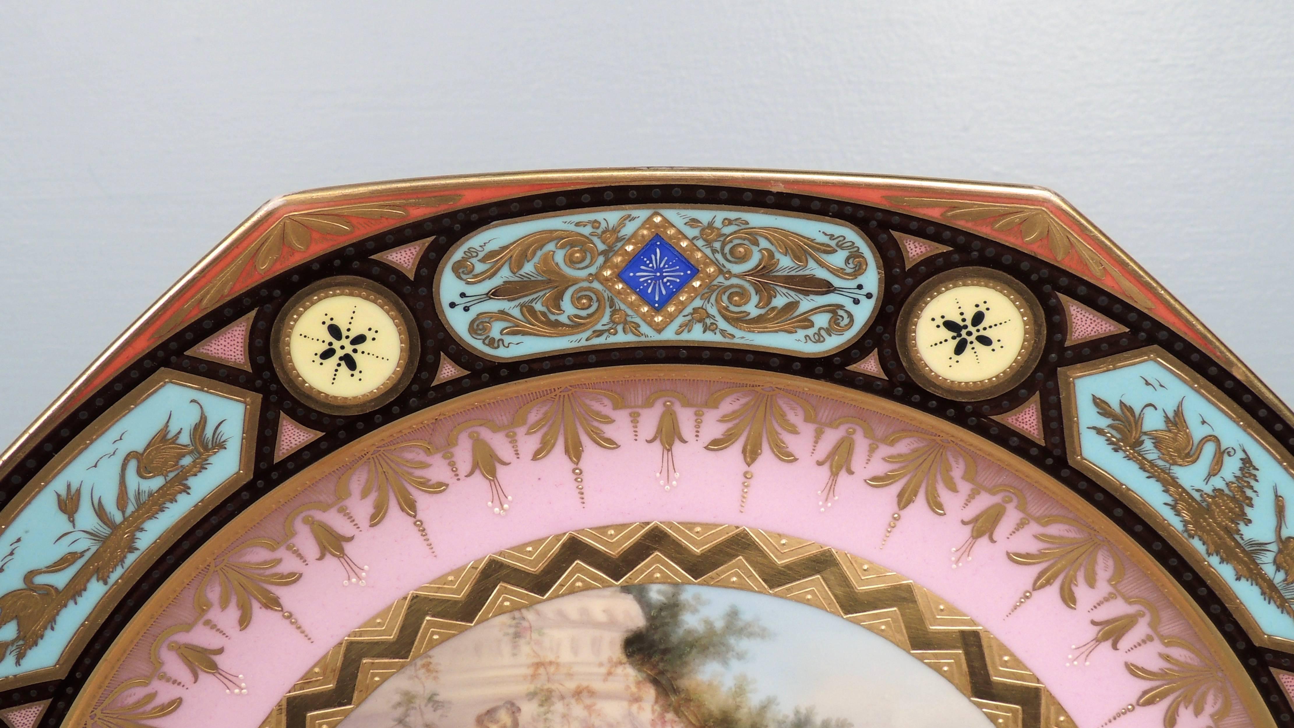Antique Jeweled and Hand-Painted Pink Ground Royal Vienna Porcelain Charger In Good Condition In Philadelphia, PA